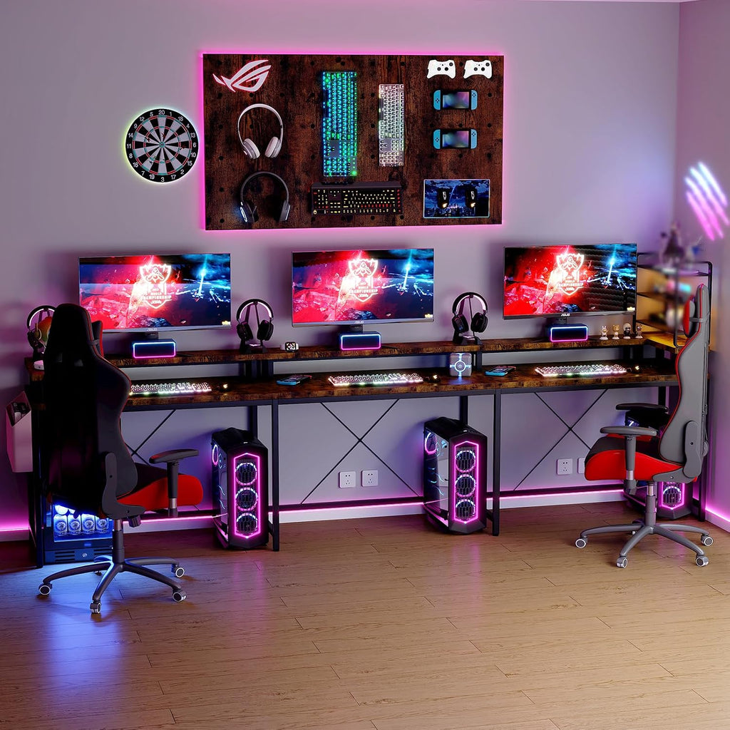 U Shaped Desk with Power Outlets, USB Ports & RGB LED Lights, 79 Inch Large Corner Computer Desk with Monitor Stand, Reversible Gaming Desk for Home Office, Ergonomic Workstation (Rustic Brown)