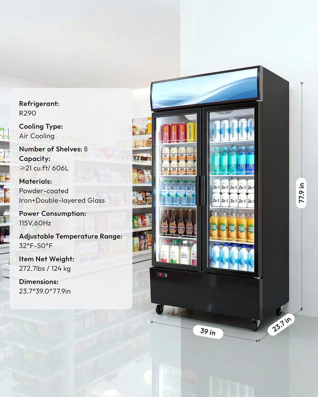 21 cu.ft Commercial Refrigerators, Beverage Fridge with LED Light, 2 Glass Door Drink Merchandiser with 8 Adjustable Shelves, 32-50°F Digital Control ETL Certified Black