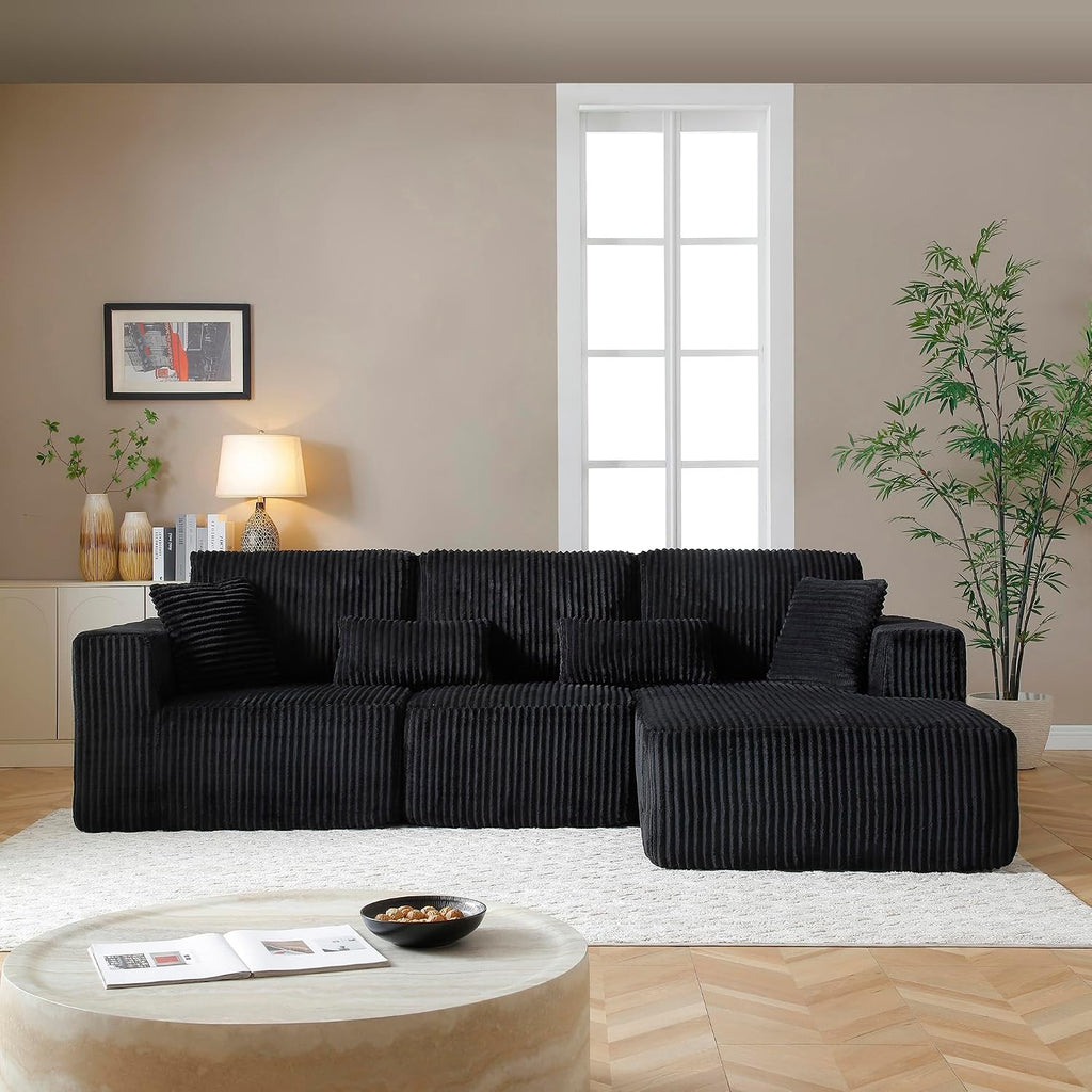 L Shaped Modular Boneless Sectional Couches for Living Room, Wide Armrest, Deep Seat, Memory Foam, Assembly Free, Modern Comfy Corduroy Fluffy Cloud Sofa with Right Chaise, Black