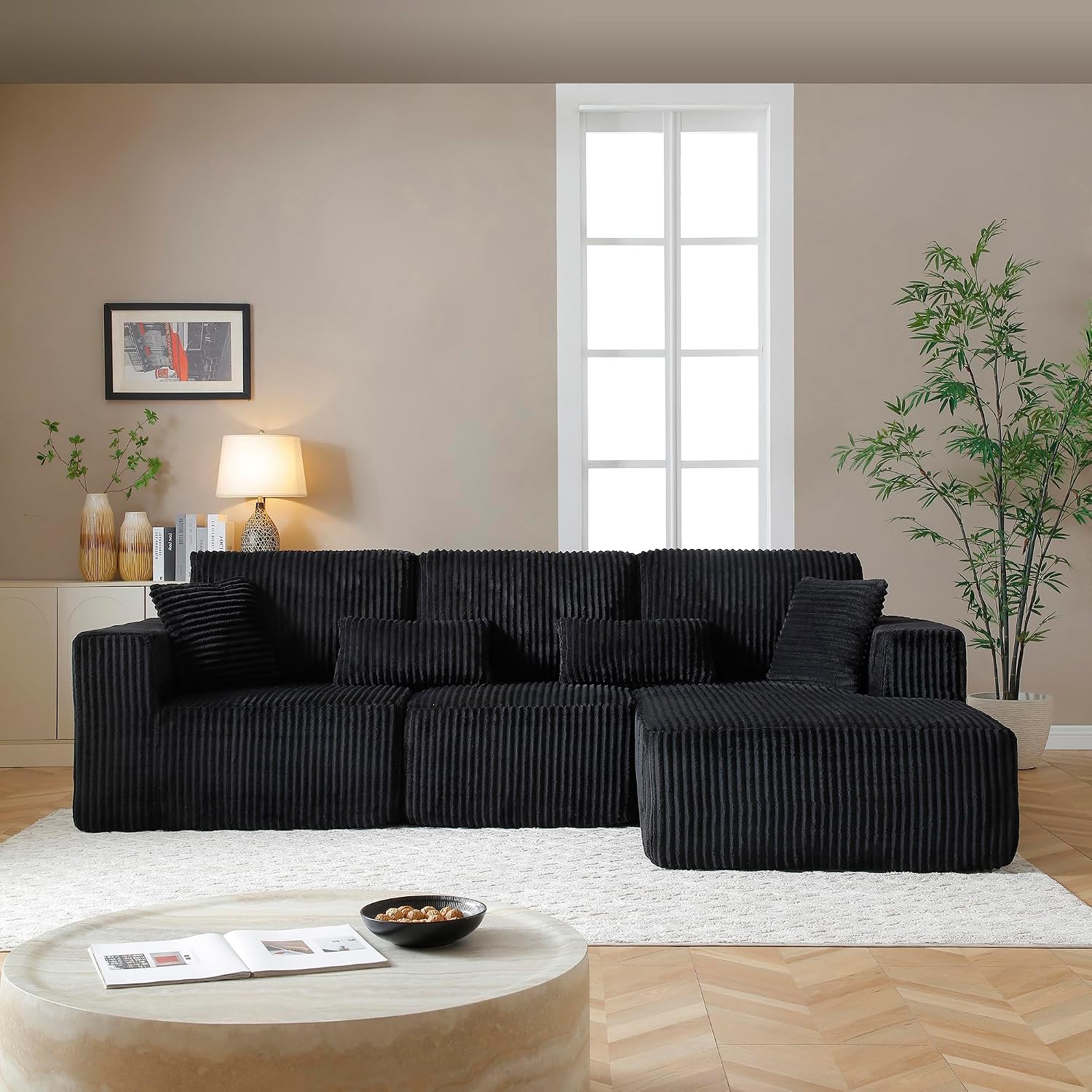 L Shaped Modular Boneless Sectional Couches for Living Room, Wide Armrest, Deep Seat, Memory Foam, Assembly Free, Modern Comfy Corduroy Fluffy Cloud Sofa with Right Chaise, Black