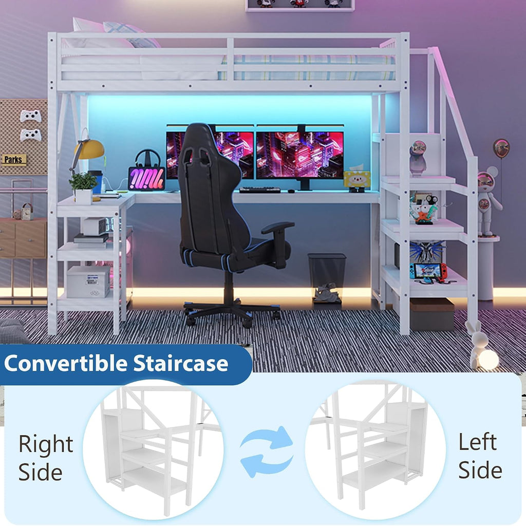 Full Size Loft Bed with Stairs and Desk, Gaming Loft Beds with RGB LED Light and Storage Shelf, Heavy-Duty Metal Loft Bed Frame with Wardrobe, Charging Port for Kids Teens, White