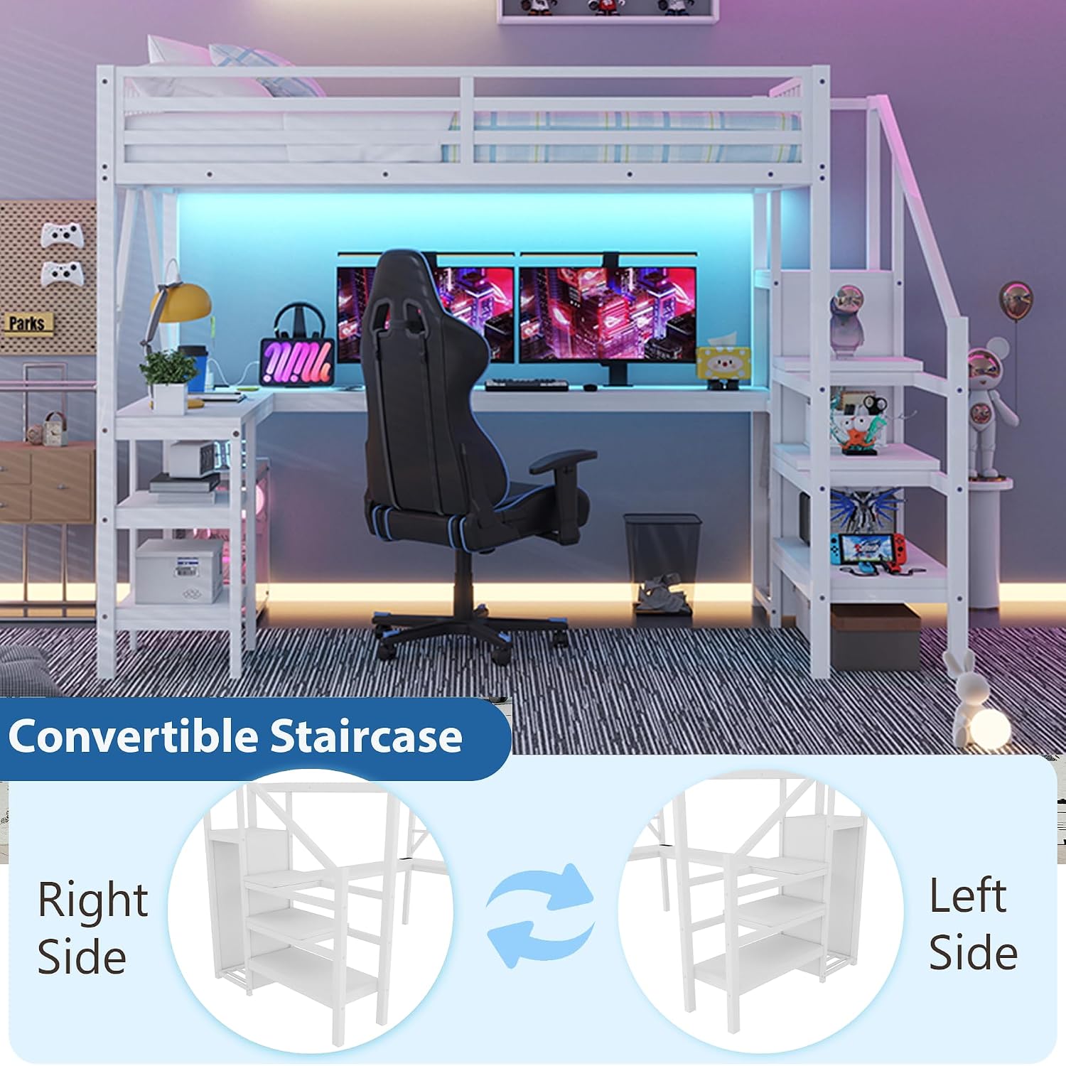 Full Size Loft Bed with Stairs and Desk, Gaming Loft Beds with RGB LED Light and Storage Shelf, Heavy-Duty Metal Loft Bed Frame with Wardrobe, Charging Port for Kids Teens, White