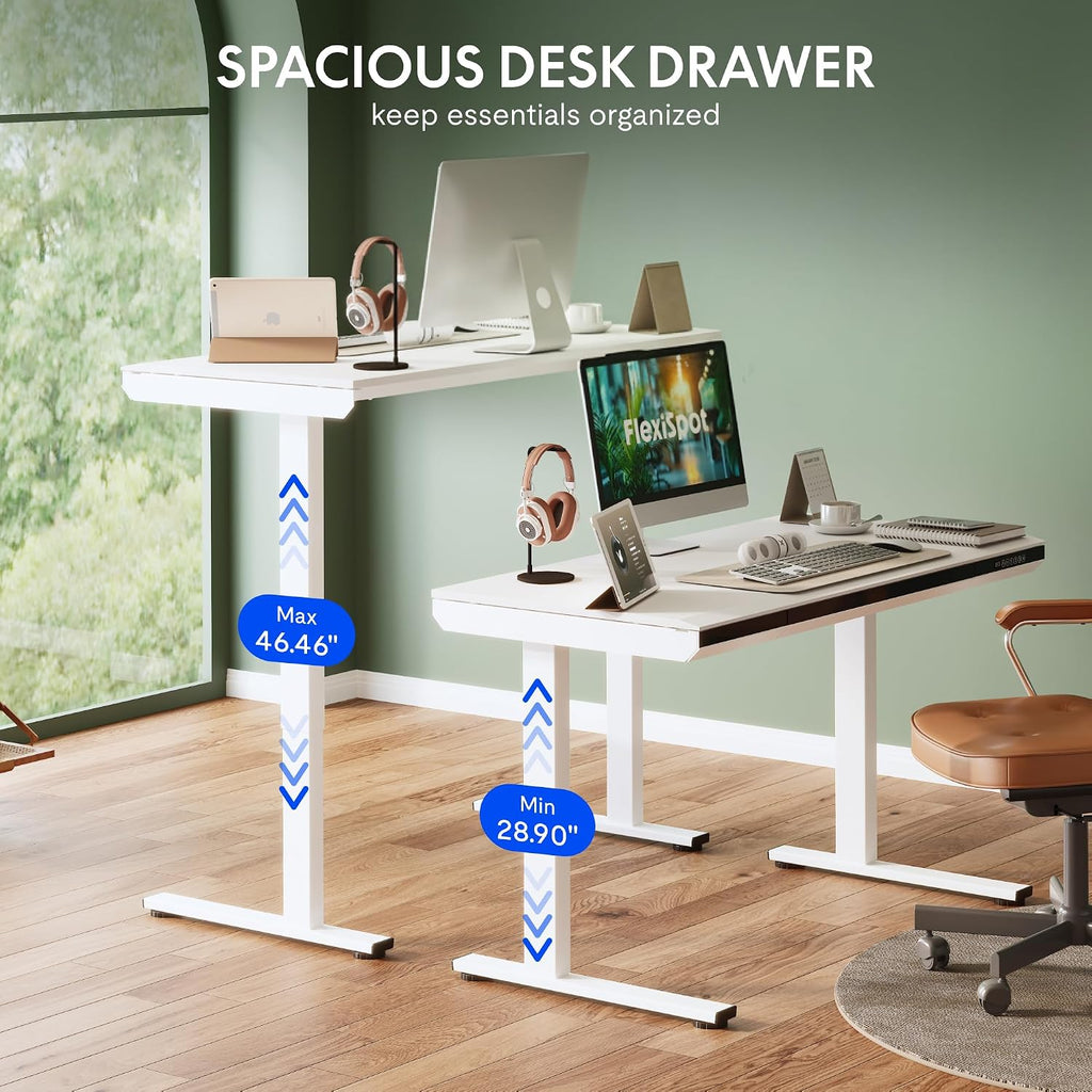 FLEXISPOT One-Piece 48' Standing Desk with Acrylic-Front Drawer, Fast-Assembly Ergonomic Sit-to-Stand Desk with MDF Top, 4 Height Memory Presets Touch-Control, Home Office Computer Workstation, White