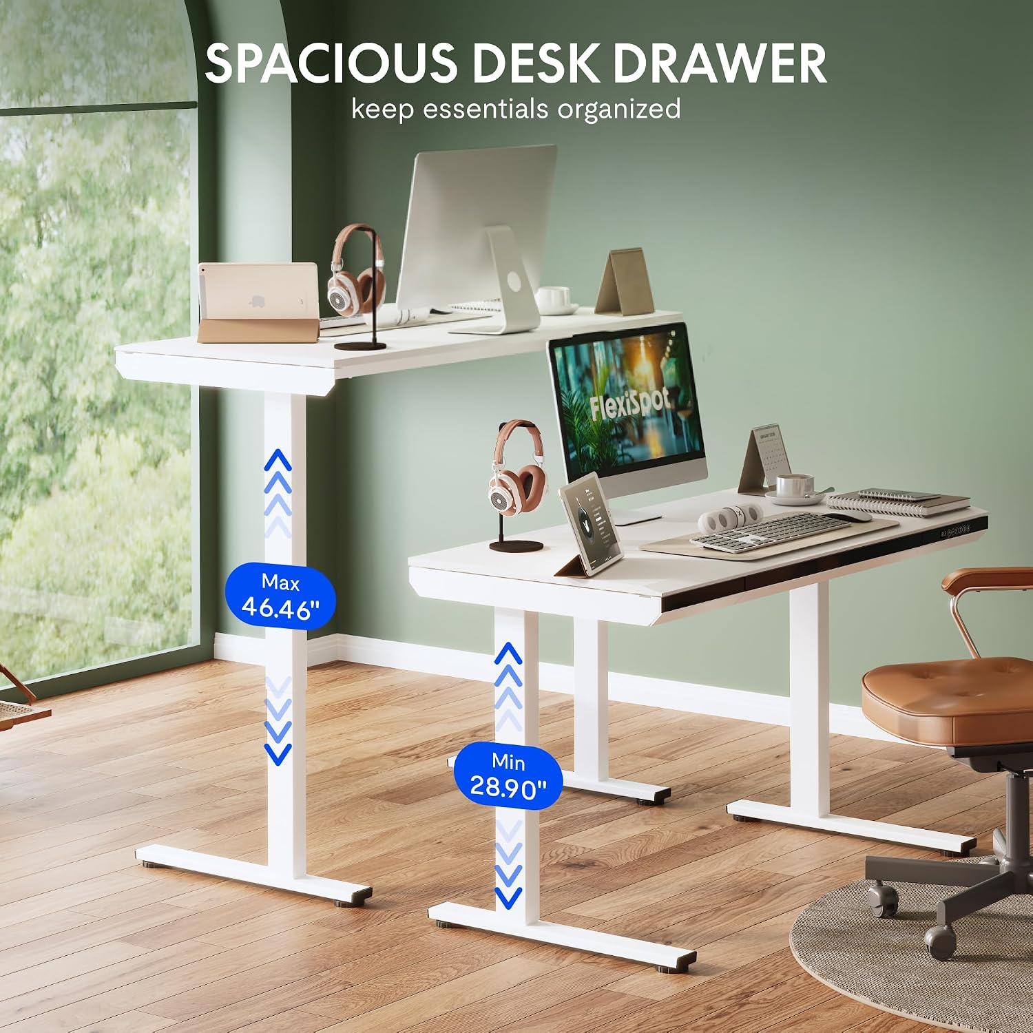 FLEXISPOT One-Piece 48' Standing Desk with Acrylic-Front Drawer, Fast-Assembly Ergonomic Sit-to-Stand Desk with MDF Top, 4 Height Memory Presets Touch-Control, Home Office Computer Workstation, White