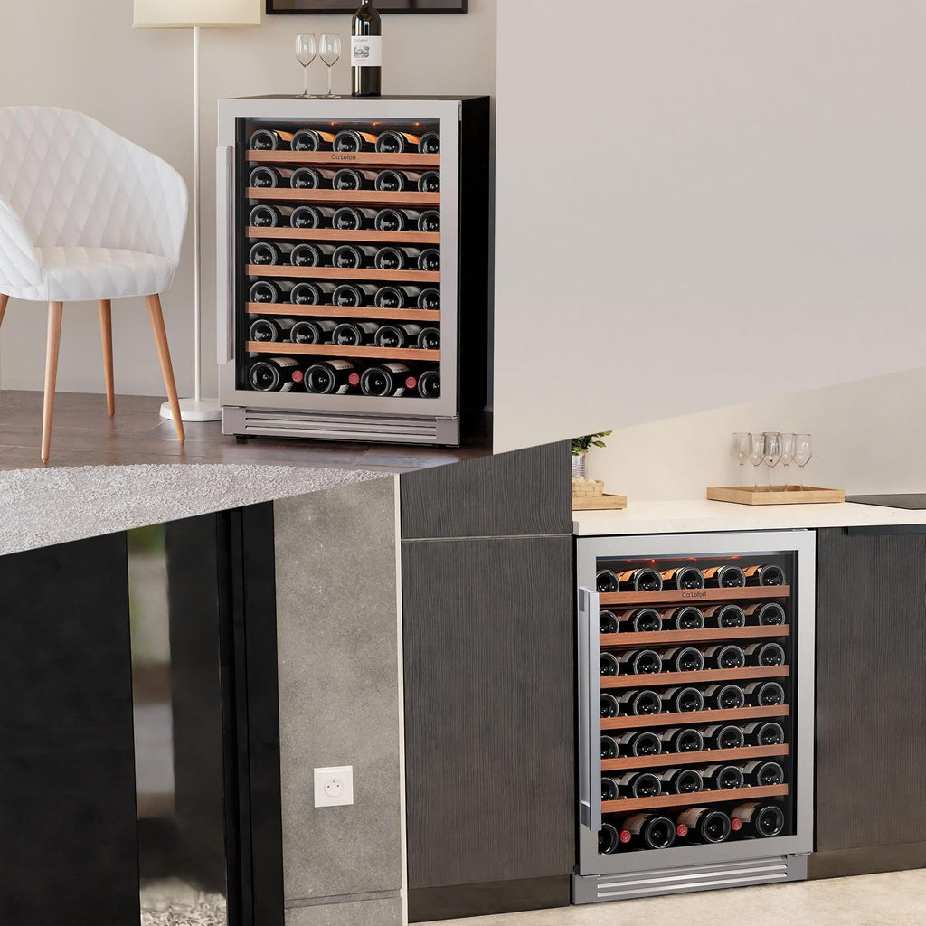 Ca'Lefort 24 Inch Wine Fridge, 61 Bottle Wine Cooler Refrigerator, 40-65°F Wine Refrigerator Glass Door, 3 LED Wine Fridge, Built-in or Freestanding Fridge for Home/Bar/Kitchen (5.65 cu.ft)