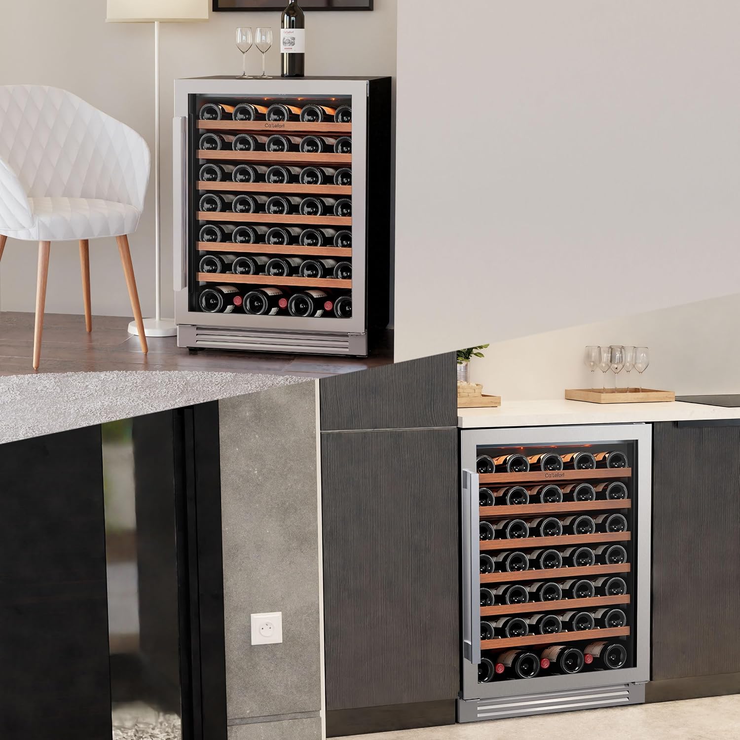 Ca'Lefort 24 Inch Wine Fridge, 61 Bottle Wine Cooler Refrigerator, 40-65°F Wine Refrigerator Glass Door, 3 LED Wine Fridge, Built-in or Freestanding Fridge for Home/Bar/Kitchen (5.65 cu.ft)