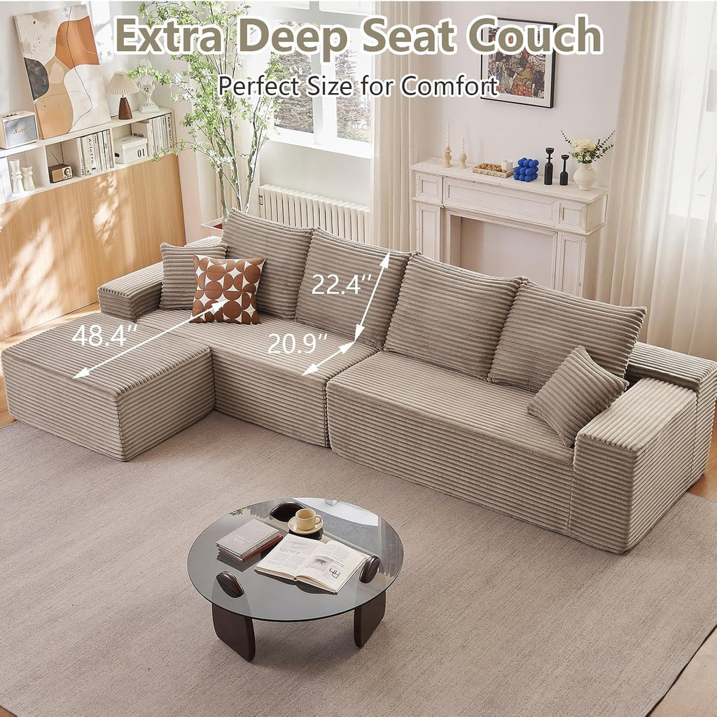 140' L Shaped Cloud Sectional Couch for Living Room, Modular Floor Deep-Seat Sofa, Big Comfy Corduroy Couches Set with Fluffy Memory Foam for Living Room Bedroom, No Assembly Required, Camel