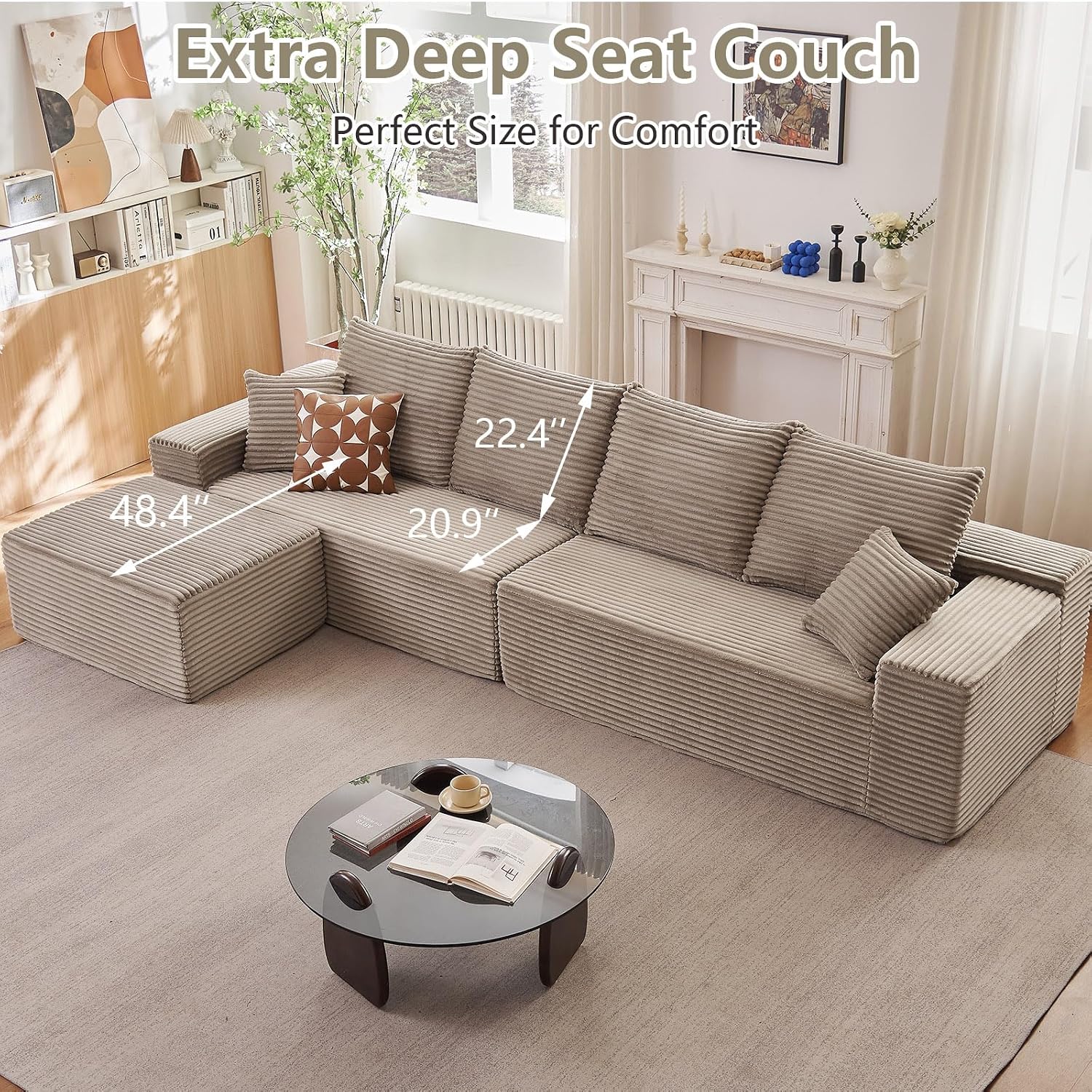 140' L Shaped Cloud Sectional Couch for Living Room, Modular Floor Deep-Seat Sofa, Big Comfy Corduroy Couches Set with Fluffy Memory Foam for Living Room Bedroom, No Assembly Required, Camel