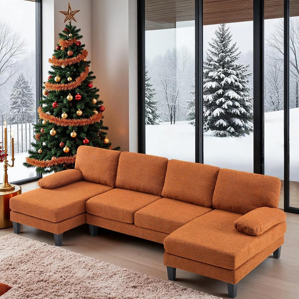 VINGLI 110' U-Shaped Sectional Couch with Two Chaise, Affordable Small Sofa with 4 Seats, Chenille Fabric Comfy Couches for Living Room, Orange