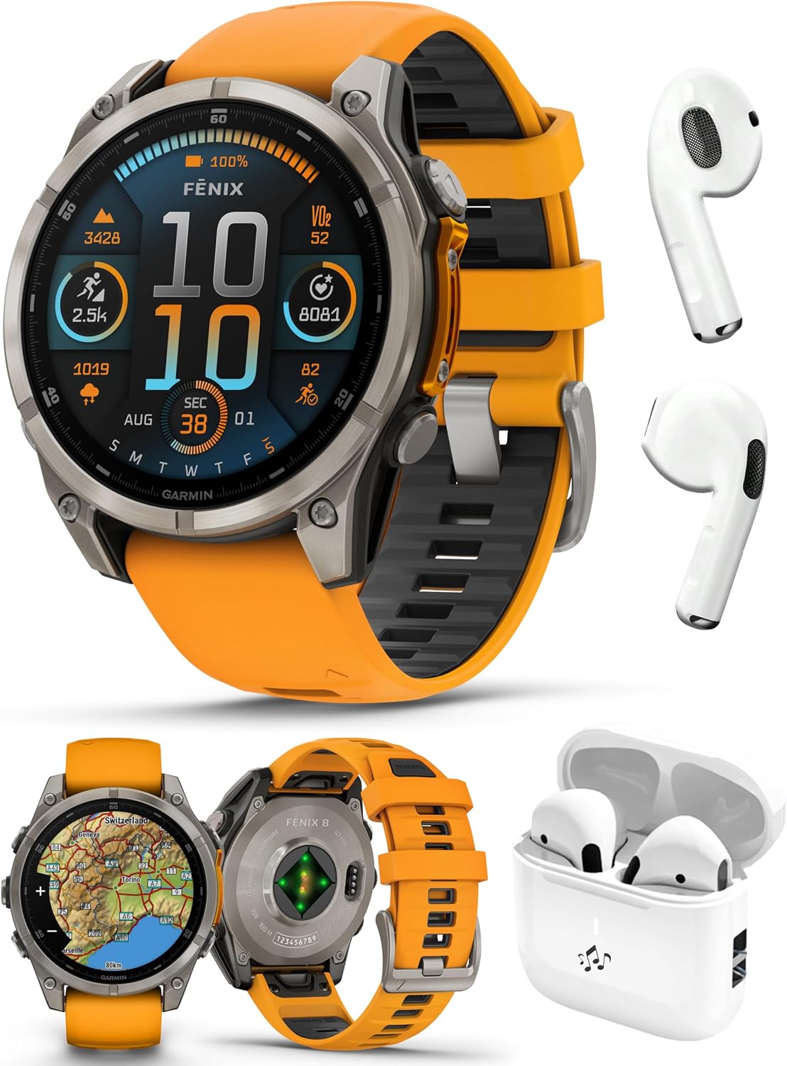 PlayBetter Garmin Fenix 8 AMOLED Sapphire (47mm, Titanium/Spark Orange) Multisport GPS Smartwatch Bundle - 1.4' Touchscreen, Built-in LED Flashlight Wireless Running Earbuds