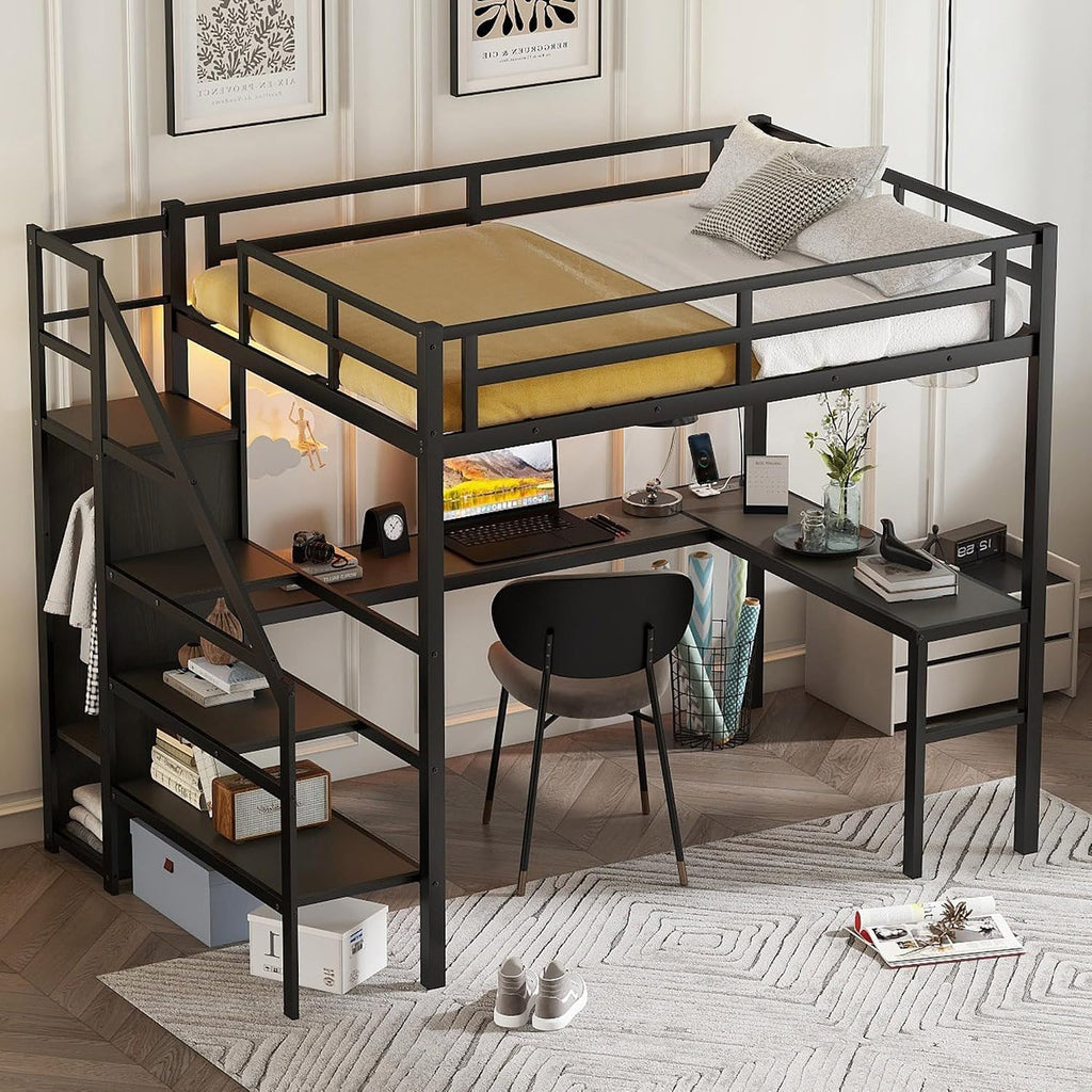 Bellemave Metal Full XL Loft Bed with Desk and Wardrobe,Heavy Duty Loft Bed Frame with Storage Stairs and LED Lights for Kids, Teens, Adults,Space Saving,Black