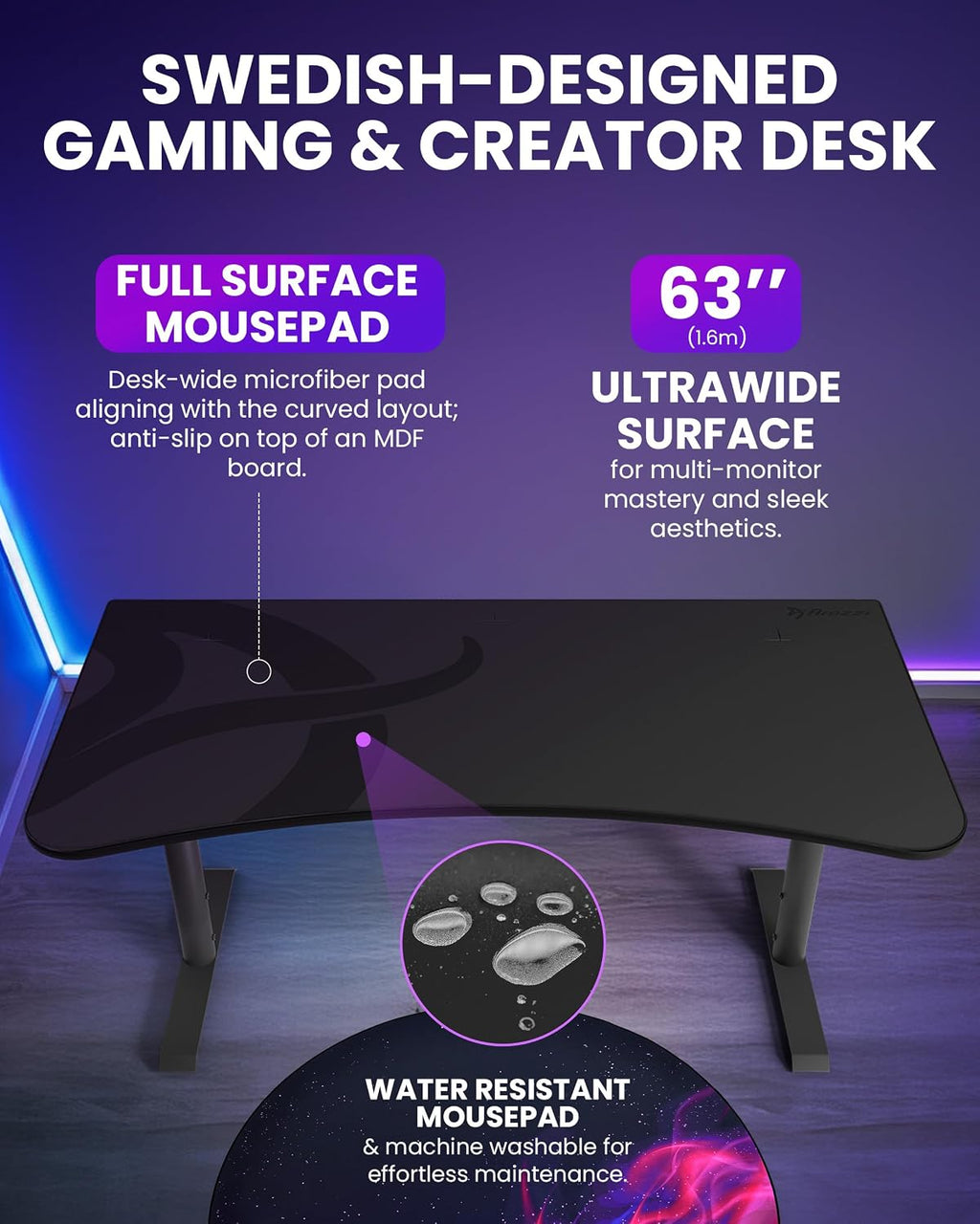 Arozzi Arena Ultrawide Curved Gaming and Office Desk with Full Surface Water Resistant Desk Mat with 3 Custom Monitor Mount Cut Outs and Under The Desk Cable Management Netting - Gunmetal