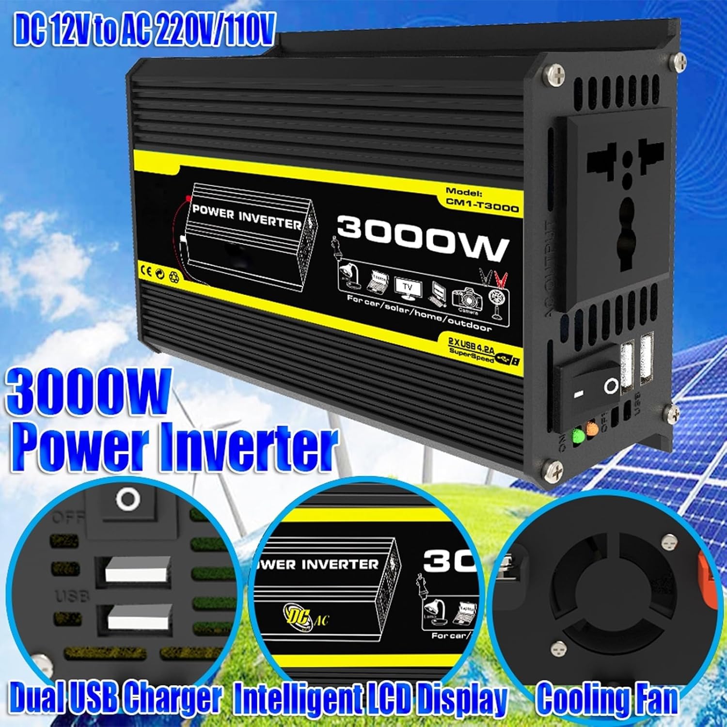 3000W Solar Inverter Kit 12V to 110V 220V with 50A Controller and 50W Folding Solar Panel for Home Grid Solar Power System(Black,12V to 220V)