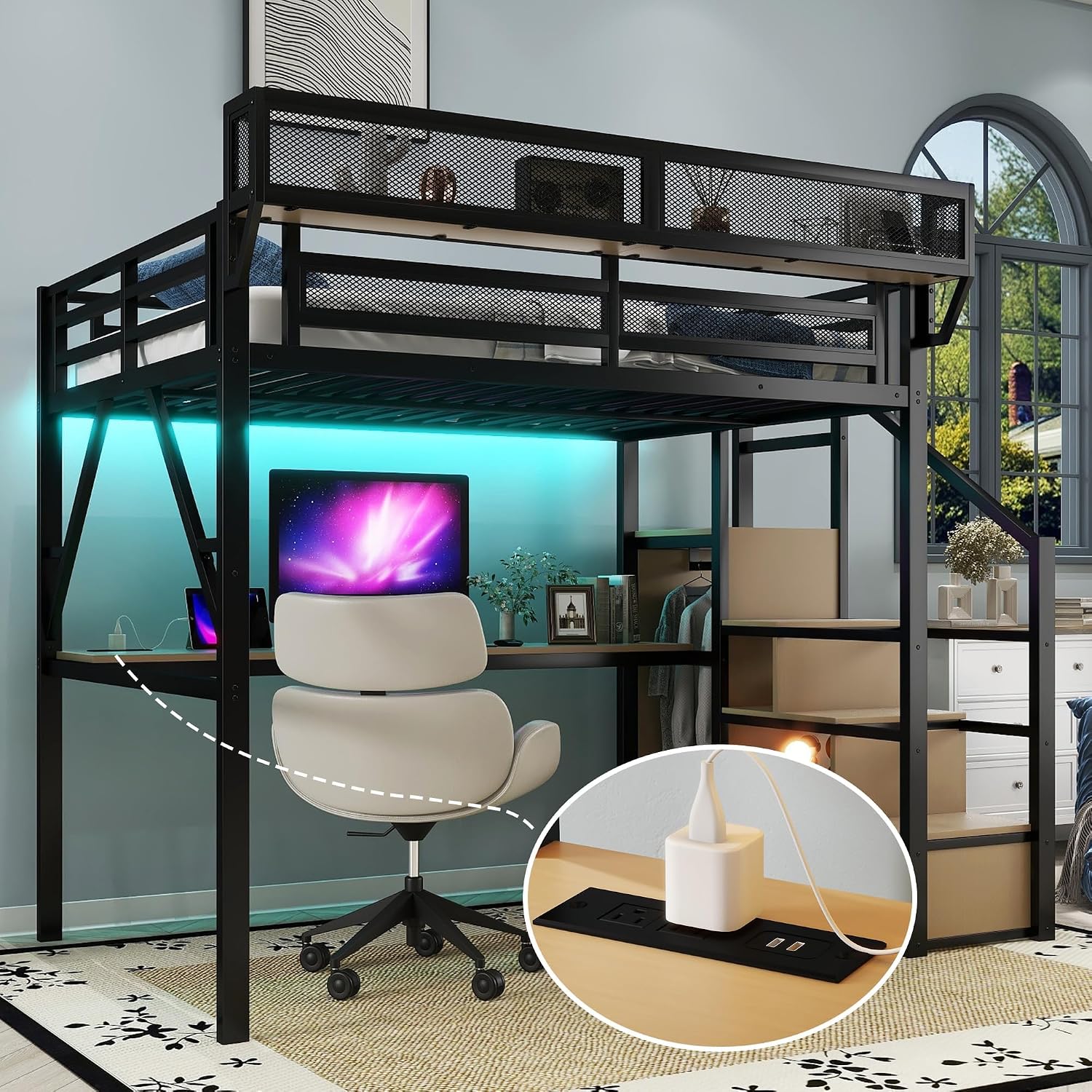 Full Size Loft Bed with Stairs & Desk, Metal High Gaming Loft Bed Full Frame with Storage Shelves, RGB Light & Charging Station, Heavy-Duty Beds with Closet for Adults,Teens, Kids, Black