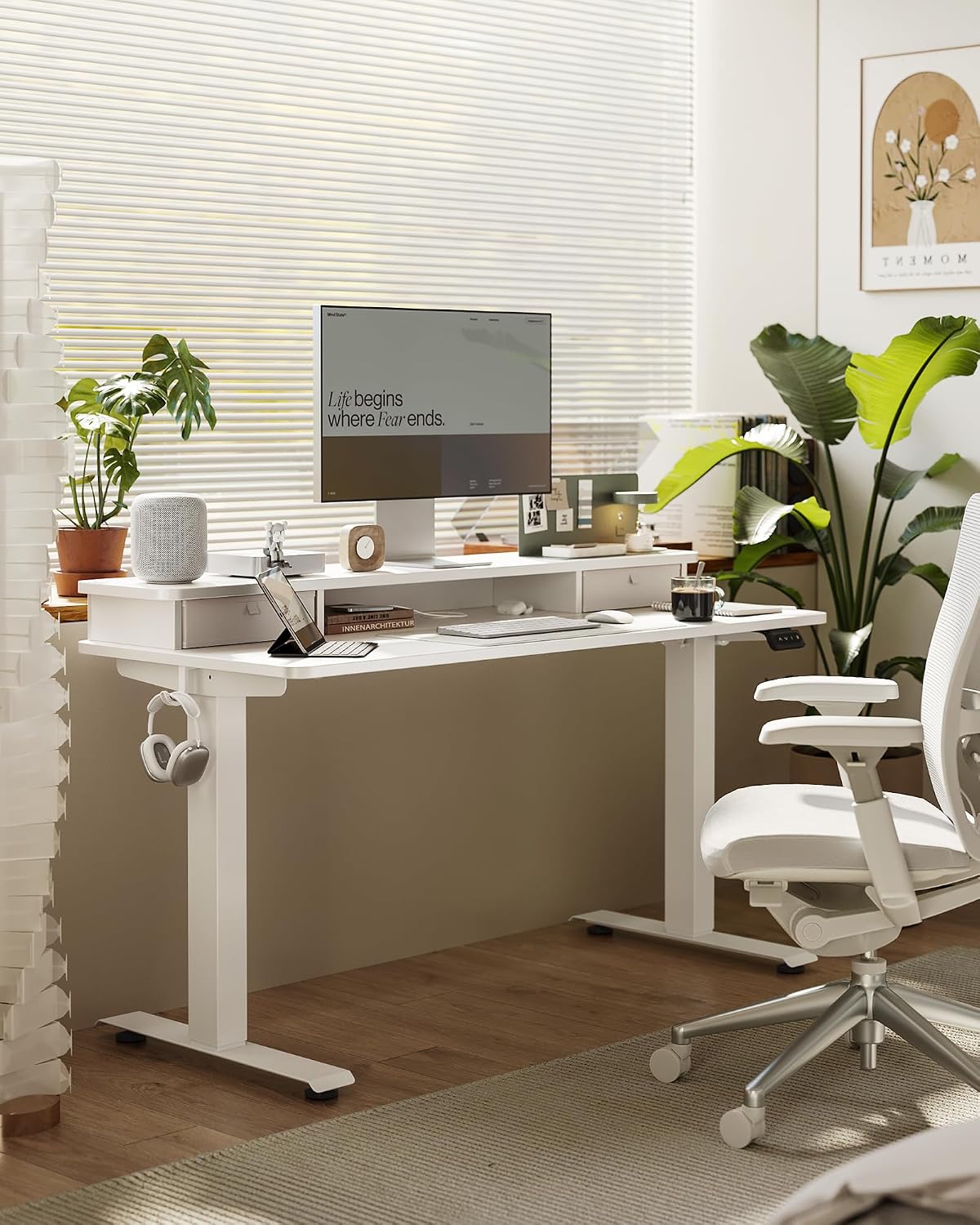 FEZIBO 55 x 24 Inch Height Adjustable Electric Standing Desk with Double Drawer, Stand up Home Office Computer Desk with 4 Height-Adjustable Feets & 2 Hooks, White