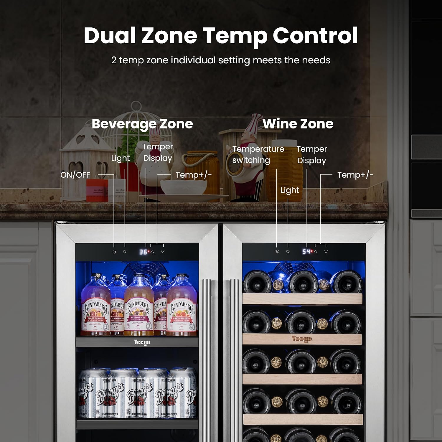 Yeego Wine and Beverage Refrigerator, 30 Inch Dual Zone Wine Fridge with Glass Door, 36-72℉ Beer Cooler Holds 33 Bottles and 80 Cans, Built-In or Freestanding Beverage Cooler for Home Bar Office