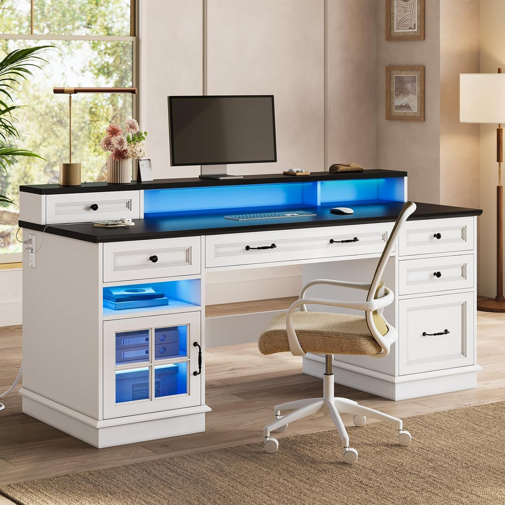 HAUOMS Farmhouse Executive Desk with Drawers Computer Desk with File Drawers, Power Outlet and Led Lights, Executive Office Desk with Storage Cabinet and Monitor Shelf for Home Office, White