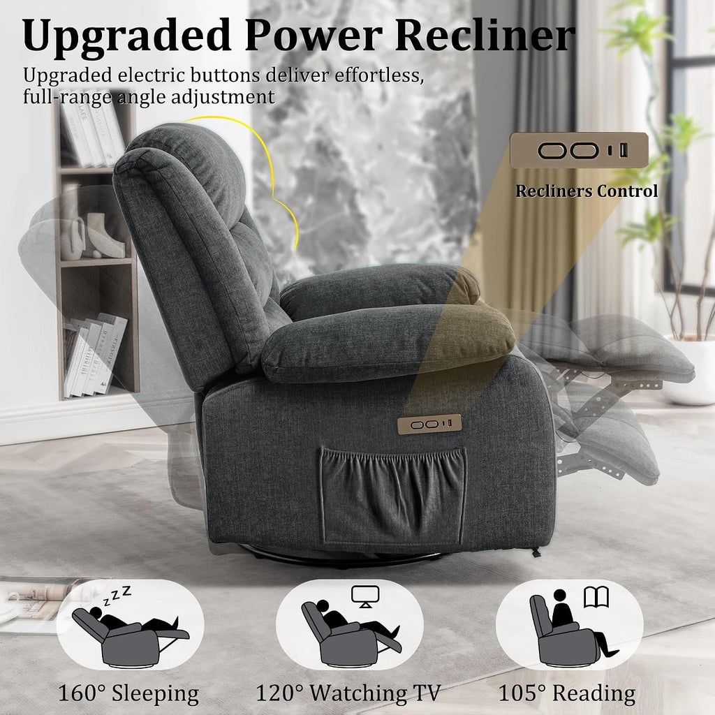 Korser Power Recliner Chair, Electric Rocker Recliner with Massage and Heat, 270° Swivel Glider, Oversized Wide Seat with USB Port, Cashmere Nursery Chair for Living Room, Grey