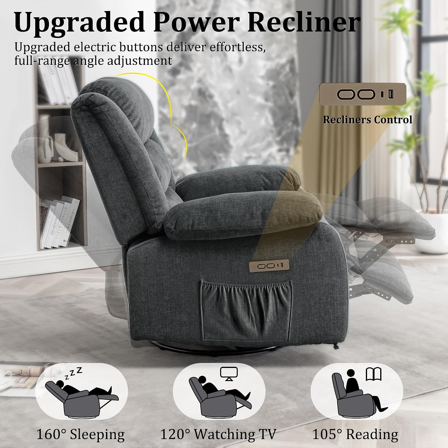 Korser Power Recliner Chair, Electric Rocker Recliner with Massage and Heat, 270° Swivel Glider, Oversized Wide Seat with USB Port, Cashmere Nursery Chair for Living Room, Grey