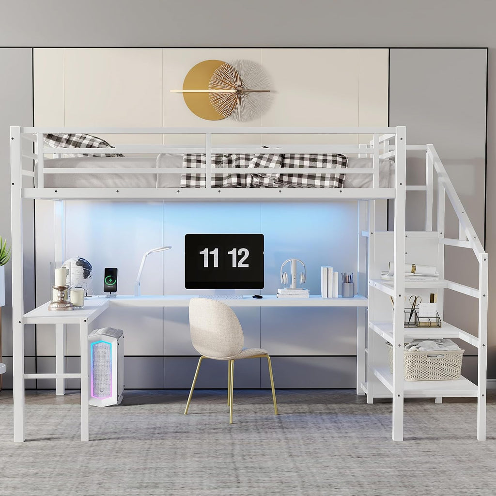 Metal Queen Size Loft Bed with Desk and Stairs,Heavy Duty Loft Bed Frame with Wardrobe and LED Lights for Adults,Teens,Kids,Space Saving,Queen Size,White