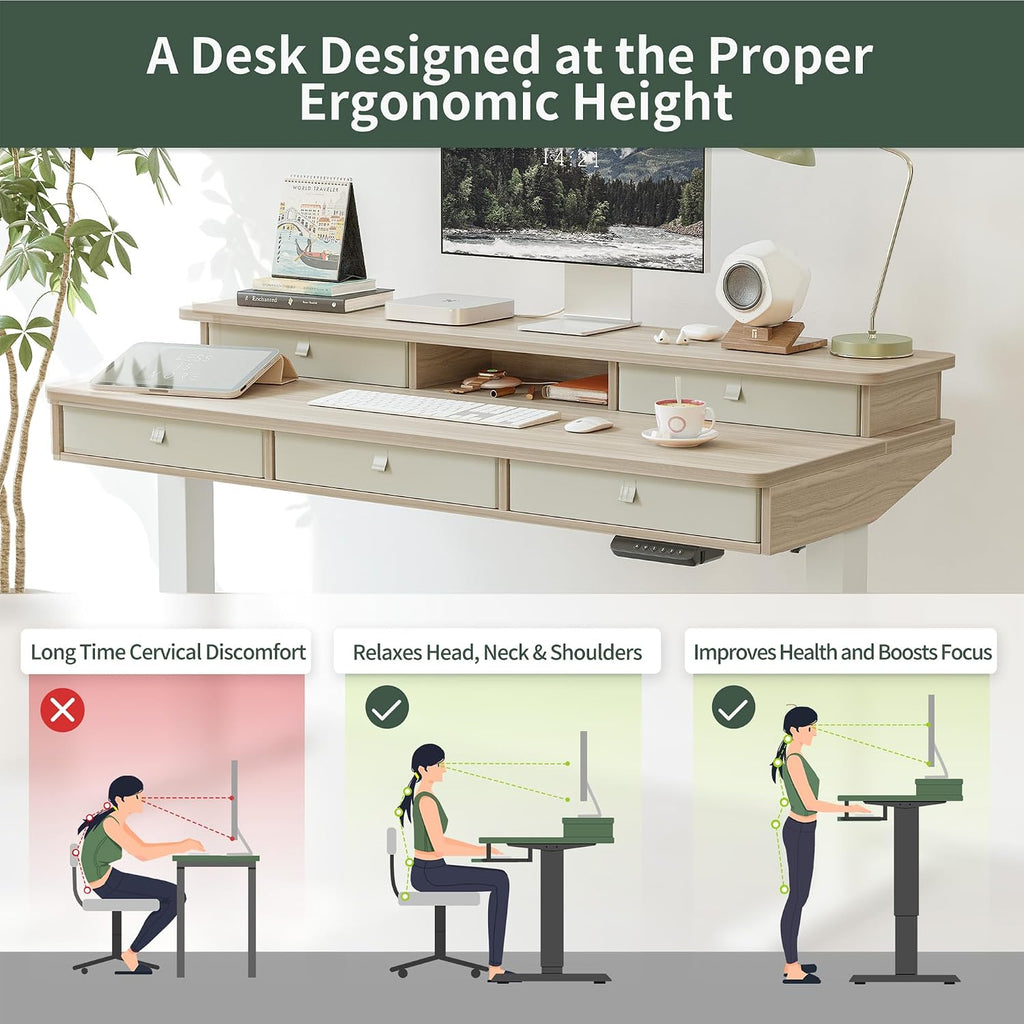 FEZIBO Height Adjustable Electric Standing Desk with 5 Drawers, 55 x 24 Inch Table with Storage Shelf, Sit Stand Desk White Frame/Light Walnut Top, 55 inch