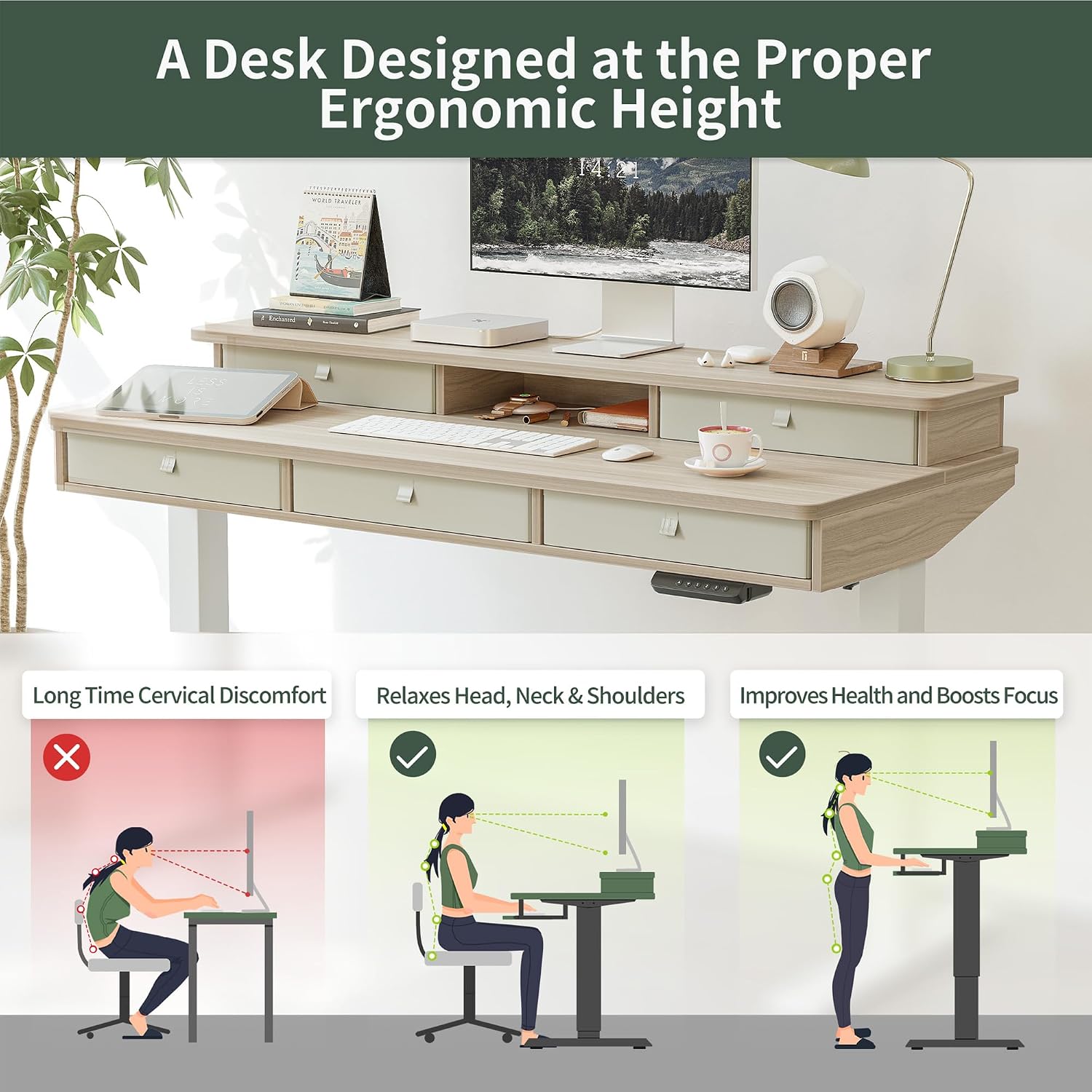 FEZIBO Height Adjustable Electric Standing Desk with 5 Drawers, 55 x 24 Inch Table with Storage Shelf, Sit Stand Desk White Frame/Light Walnut Top, 55 inch