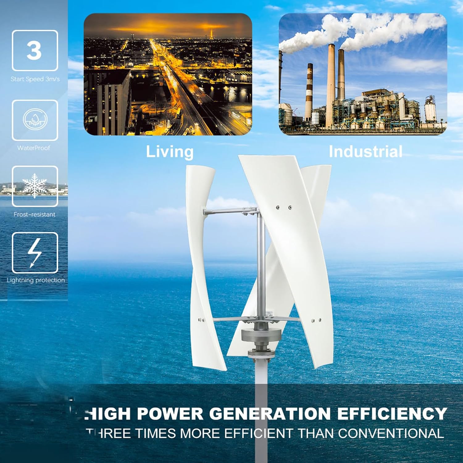 3000W Portable Vertical Wind Power Turbine Generator Kit with Charge Controller,3 Blades Low RPM Wind Turbine Generator