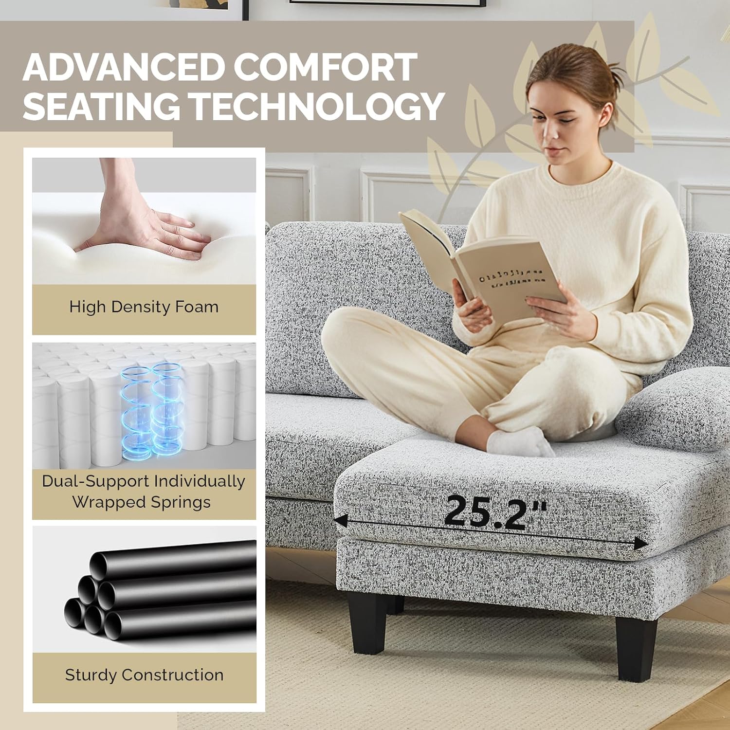 VINGLI 110' U-Shaped Sectional Couch with Two Chaise, Affordable Small Sofa with 4 Seats, Chenille Fabric Comfy Couches for Living Room, Light Grey