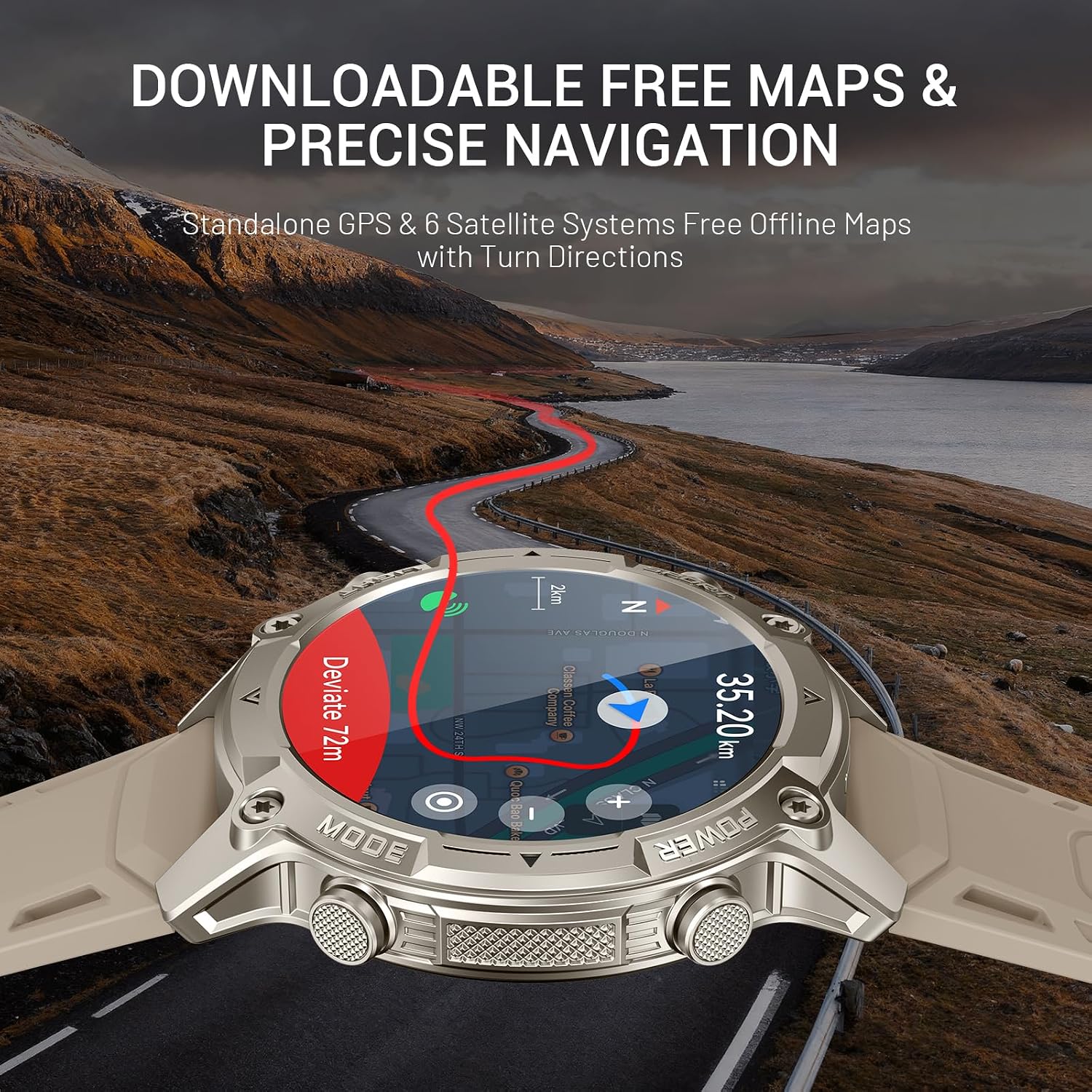 Smart Watch for Men, with GPS, Offline Maps, Heart Rate, Blood Oxygen, Stress, Sleep Monitor, 178 Sports Modes, 5ATM Waterproof Round Watch, 1.43-inch AMOLED Display, Compatible Android and iOS Khaki