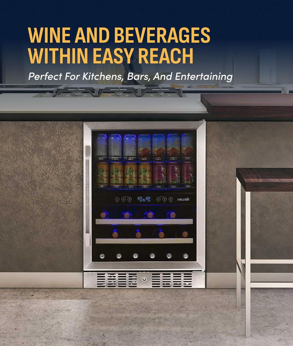 NewAir 24' Dual Zone Beverage Refrigerator & Wine Cooler for 20 Bottles & 70 Cans | Freestanding or Built-In Under Counter Mini Fridge for Beer, Wine and Soda | Stainless Steel