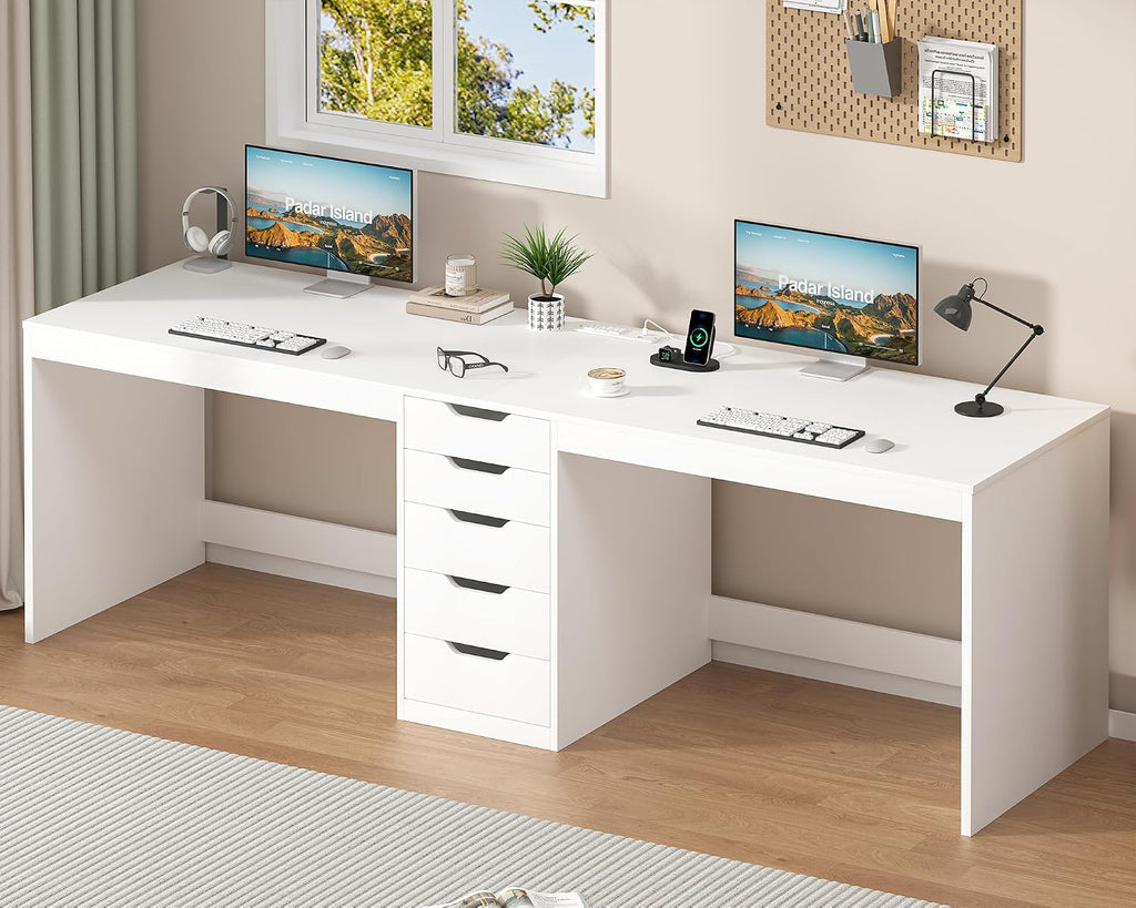 YOMILUVE 2 Person Desk with 5 Drawers and Power Outlets, 78.7 Inch Long Computer Desk with Storage File Cabinet, Two Person Home Office Double Desk with Storage, White