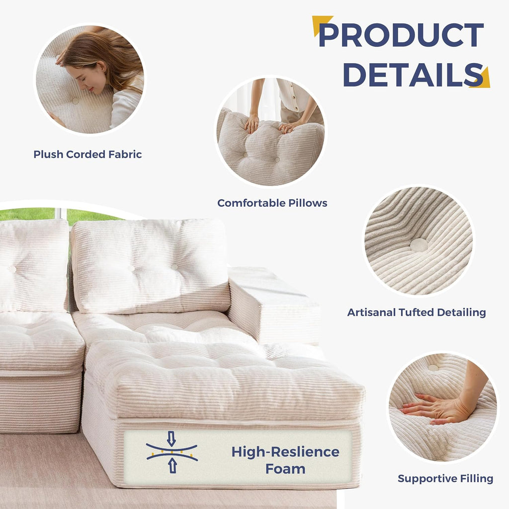 MAXYOYO Modular Sectional Sofa with Ottoman and Loveseat, Cloud Boneless Couch with Layered Cushion, Flexible Module Combination Sofa for Living Room, No Assembly Required,Beige