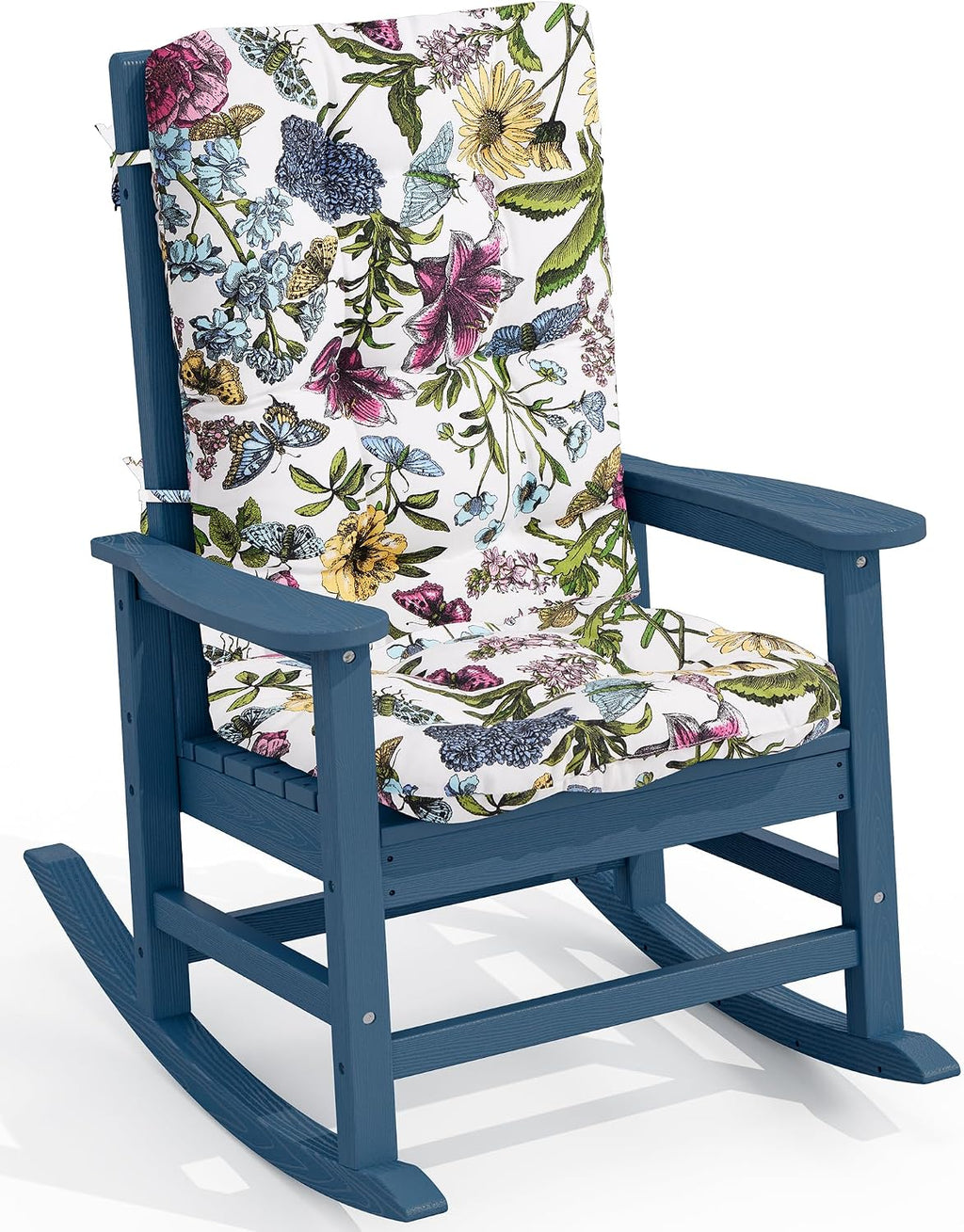 SERWALL SEWALL Oversized Outdoor Rocking Chair with Cushion, Patio Rocking Chairs for Porch, Blue HDPR Rocker+Flower Cushion