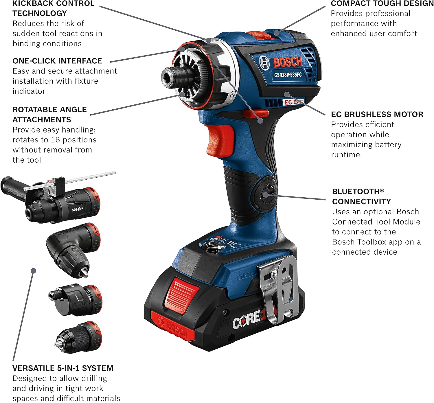 BOSCH GXL18V-270B22 18V Brushless 2 Tool Combo Kit with 5-in-1 Flexiclick Cordless Drill Driver and StarlockPlus Oscillating Multi Tool (Tool Set Includes: CORE18V Battery, Charger & Attachments)