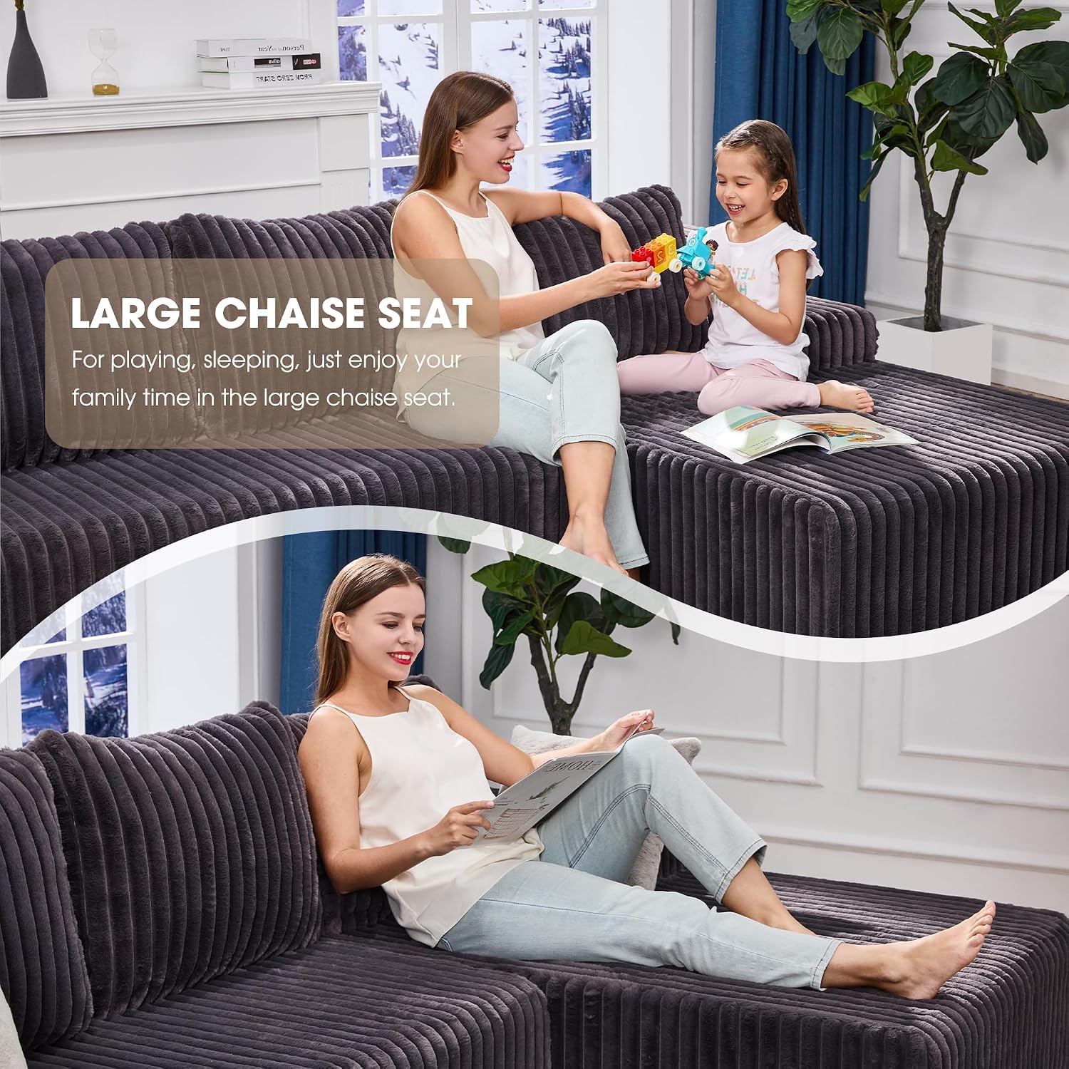 Modular Sectional Sofa Couches L-Shape Couch 3 Seat Modular Sofa Memory Foam Sectional Couches for Living Room, Cloud Couch with Oversized Chaise (Dark Grey Facing Chaise)