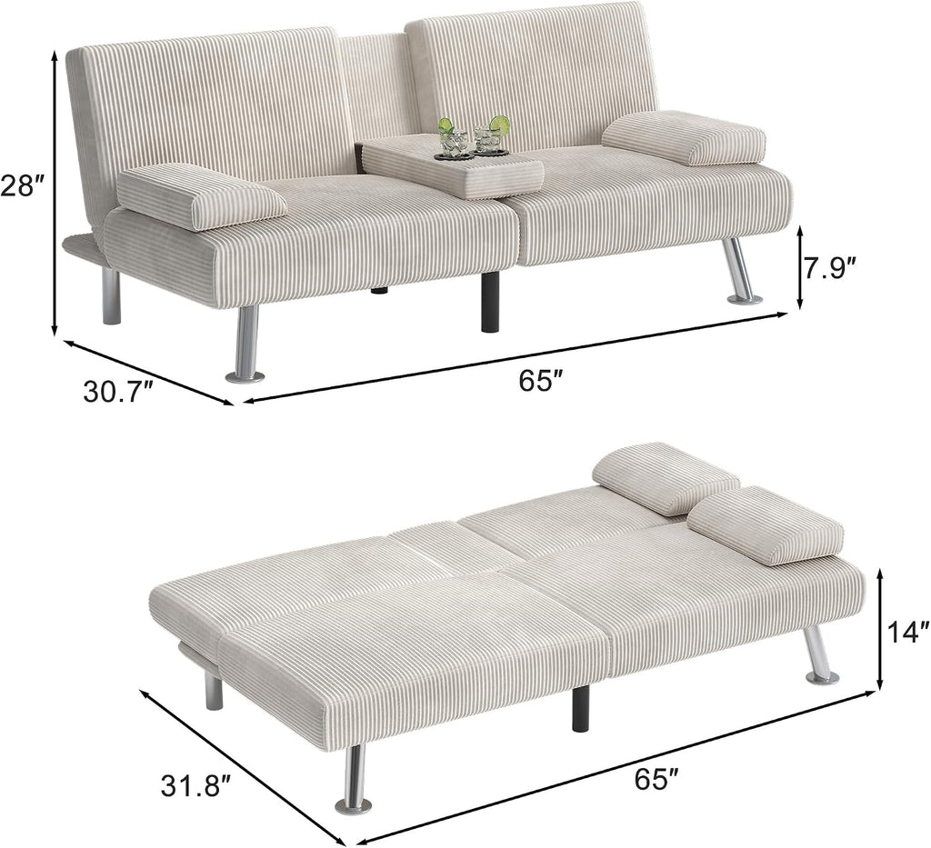 Shahoo Modern Upholstered Convertible Folding Futon Sofa Bed with Removable Armrests, Metal Legs, 2 Cup Holders for Living Room, Beige