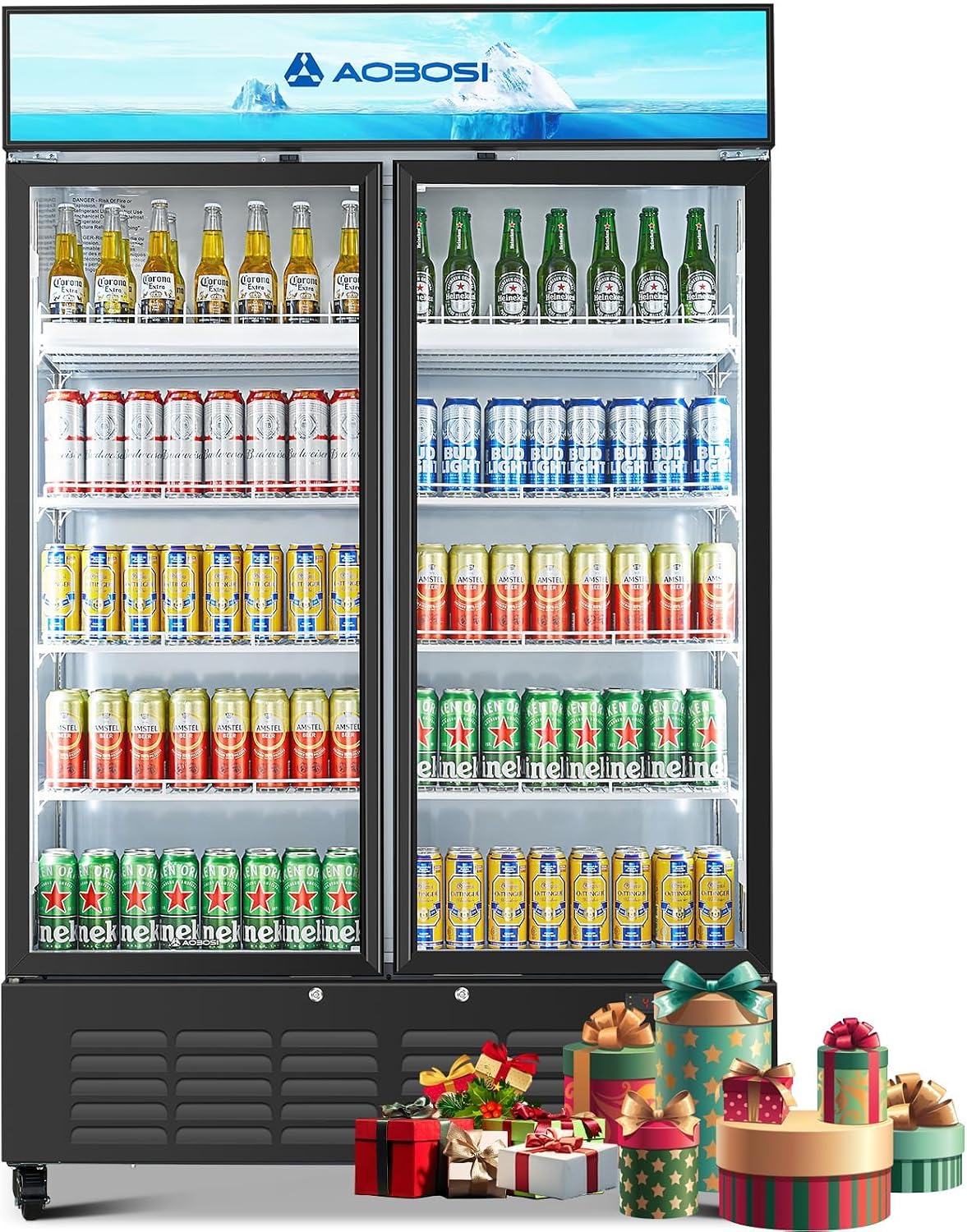 AAOBOSI 50' Wide Commercial Merchandiser Refrigerator,36.8 Cu.Ft Glass Door Display Refrigerator,Upright Beverage Fridge with Soft LED Light,Customizable Lightbox,Universal Casters, Adjustable Shelves