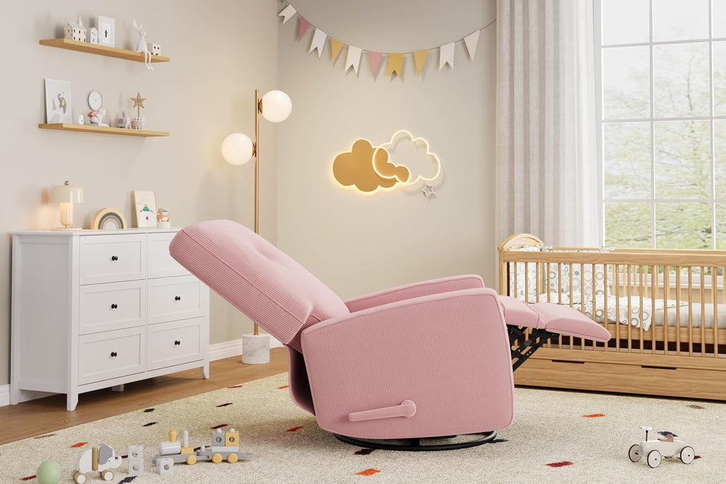 Garvee Nursery Recliner Chair, 360° Swivel Rocking Glider Chair for Adults with Adjustable Backrest & Footrest, Upholstered Armchair for Living Rooms, Bedrooms, Apartments, Pink