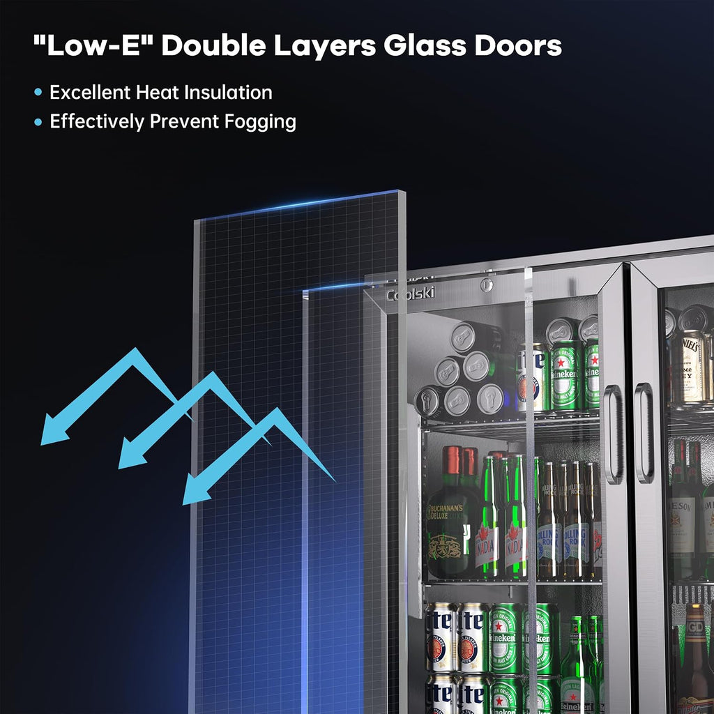 Coolski 53 Inch Beverage Refrigerator with 3 Doors, Commercial Back Bar Cooler for Beer Soda, Undercounter Display Fridge for Bar Restaurant Home, 12 Cu.Ft. LED Lighting ETL NSF Approved