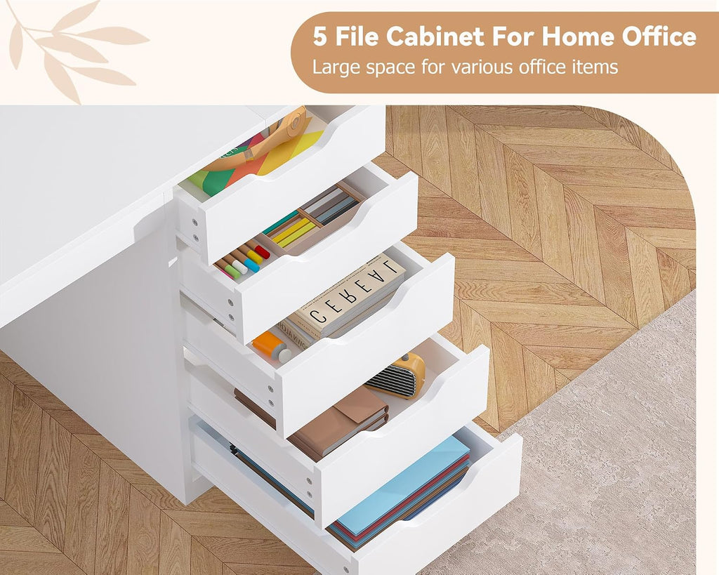 YOMILUVE 2 Person Desk with 5 Drawers and Power Outlets, 78.7 Inch Long Computer Desk with Storage File Cabinet, Two Person Home Office Double Desk with Storage, White