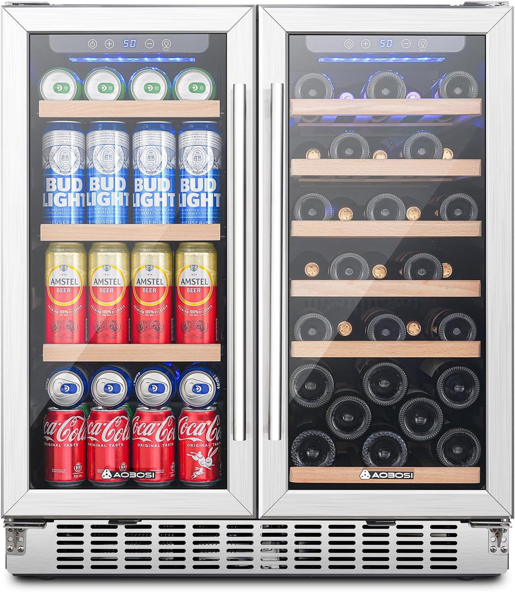 AAOBOSI 30 Inch Dual Zone Wine and Beverage Cooler,31 Bottles & 120 Cans Wine Fridge,Built-in and Freestanding,Removable Fashion Wooden Frame,Intelligent Digital Temperatrue Control,Low Noise