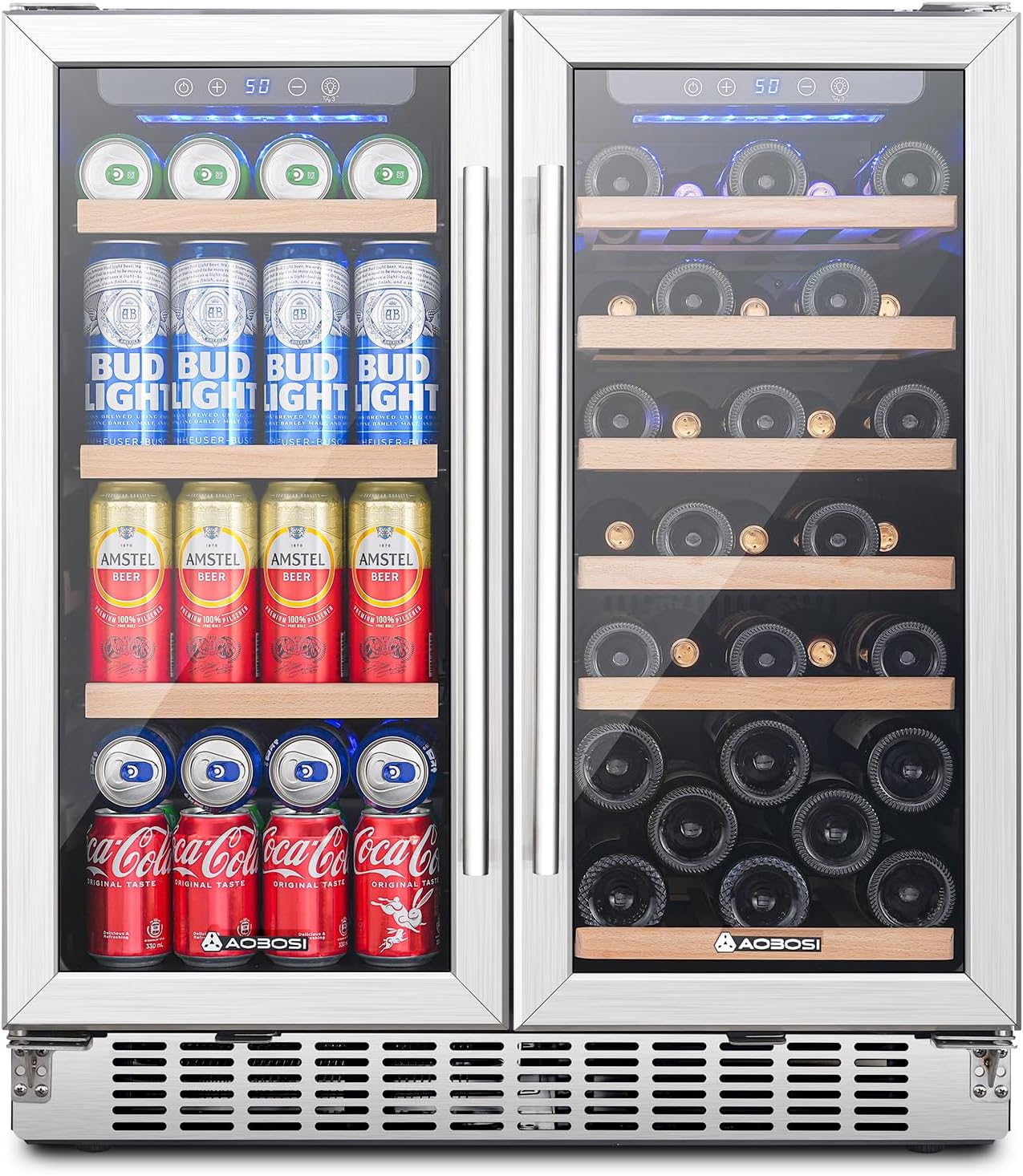 AAOBOSI 30 Inch Dual Zone Wine and Beverage Cooler,31 Bottles & 120 Cans Wine Fridge,Built-in and Freestanding,Removable Fashion Wooden Frame,Intelligent Digital Temperatrue Control,Low Noise