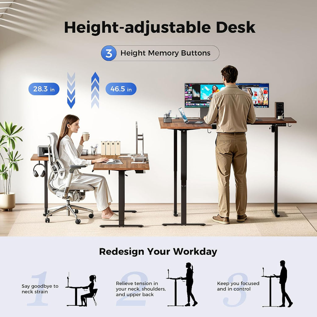 Agilestic Electric L Shaped Standing Desk 63 x 48 Inch with Power Outlet, Height Adjustable Corner Stand up Desk with Cable Management,Sit Stand Home Office Workstation with Splice Board, Dark Walnut