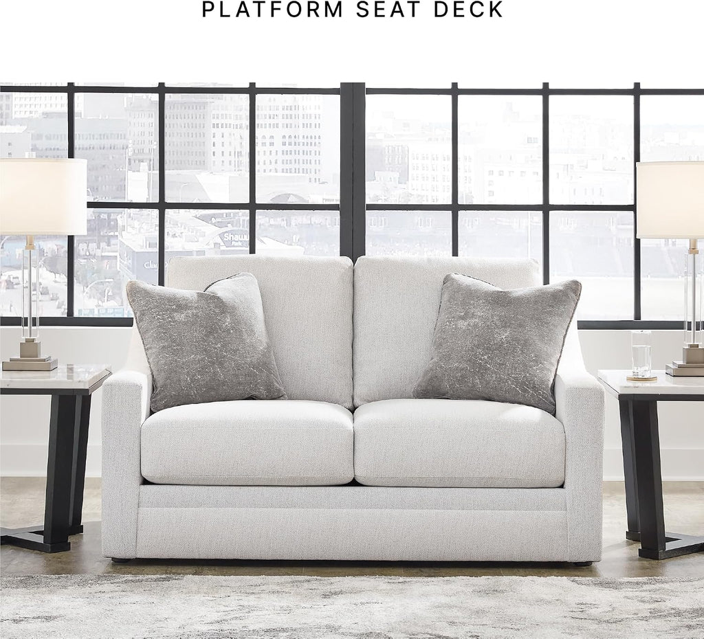 Signature Design by Ashley Maitelynn Contemporary Loveseat with Accent Pillows, Reversible Cushions and Sloped Arms, Light Gray