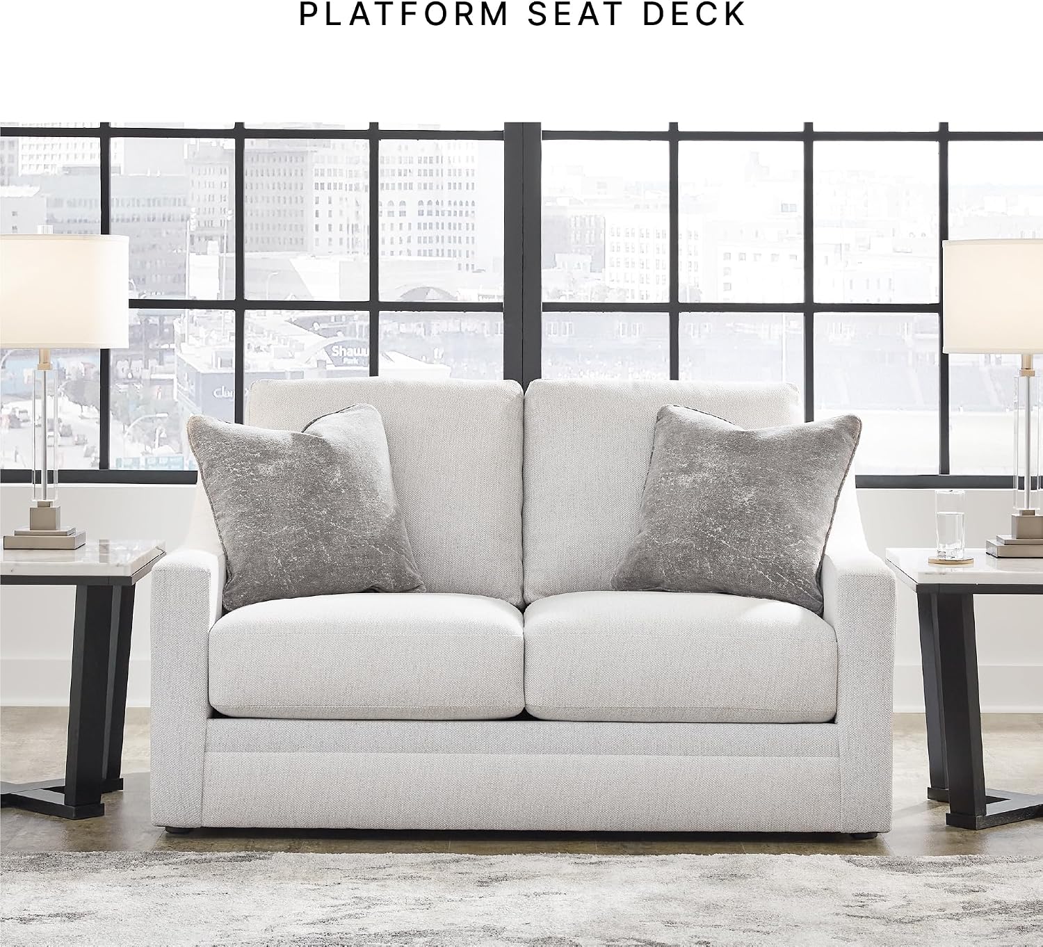 Signature Design by Ashley Maitelynn Contemporary Loveseat with Accent Pillows, Reversible Cushions and Sloped Arms, Light Gray