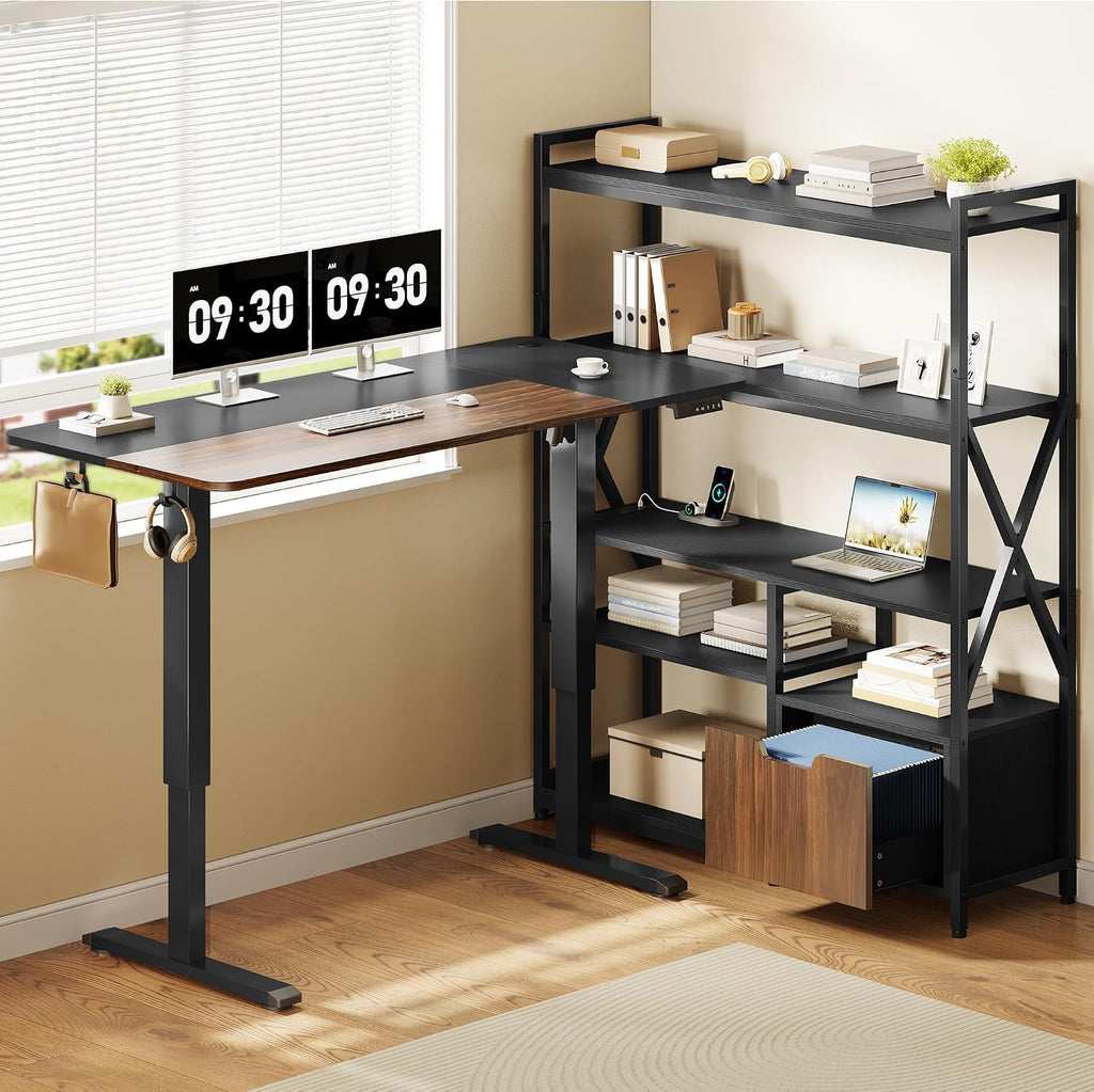 77.8 Inches L Shaped Standing Desk Corner Desk with Hutch Electric Height Adjustable Desk with Storage Shelves File Drawer Power Outlets Reversible Computer Gaming Desk for Home Office Black
