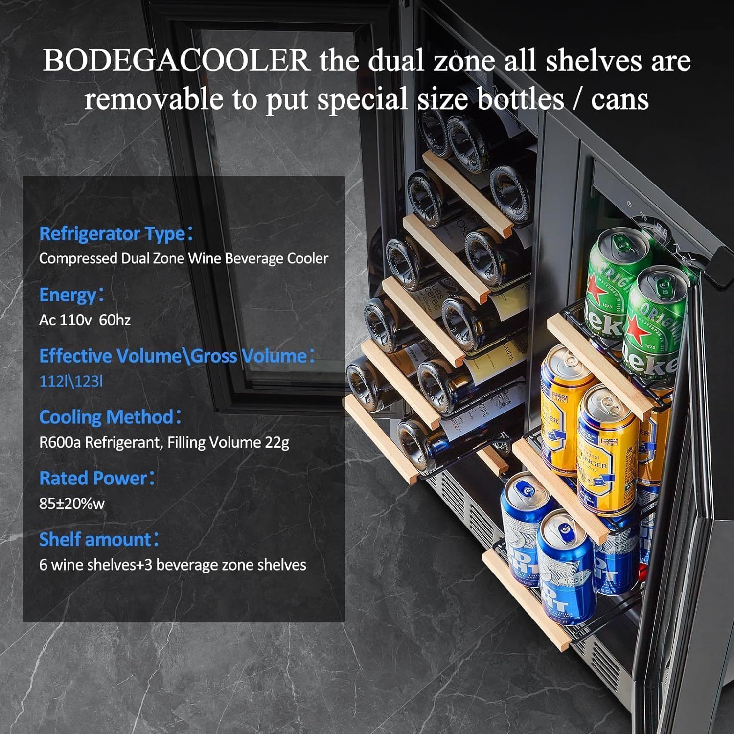BODEGACOOLER 24 Inch Wine and Beverage Refrigerator Free Standing. Dual Zone Stainless Steel Wine Fridge under Counter, Drink Cooler for Beer, Soda, Champagne, Holds 41 Cans and 17 Bottles, Black