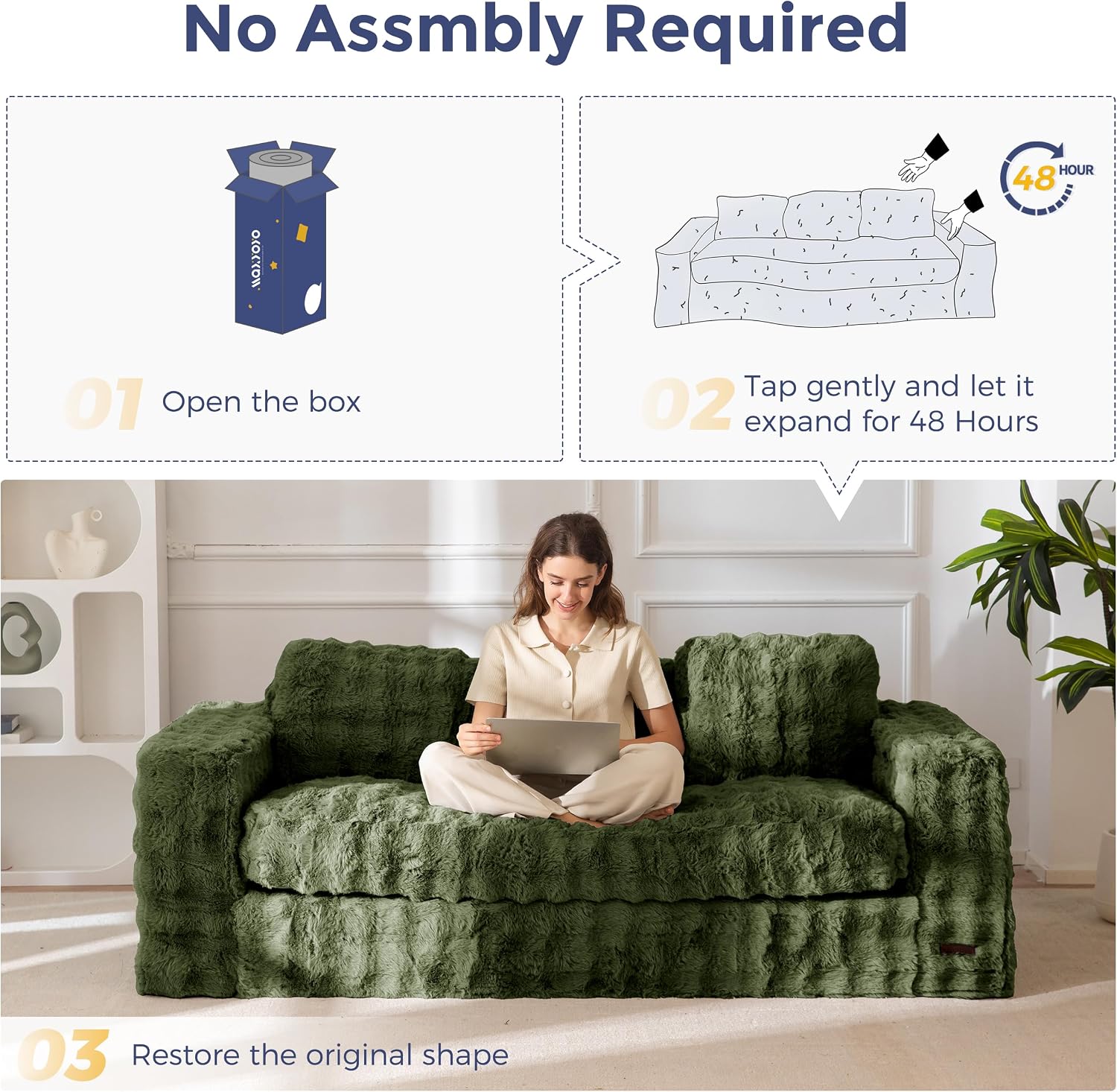MAXYOYO 3-Seater Boneless Sofa Couch, Modern Bubbled Sofa for Living Room, Soft Bean Bag Chair High-Density Foam Couch with Pillows, No Assembly Required