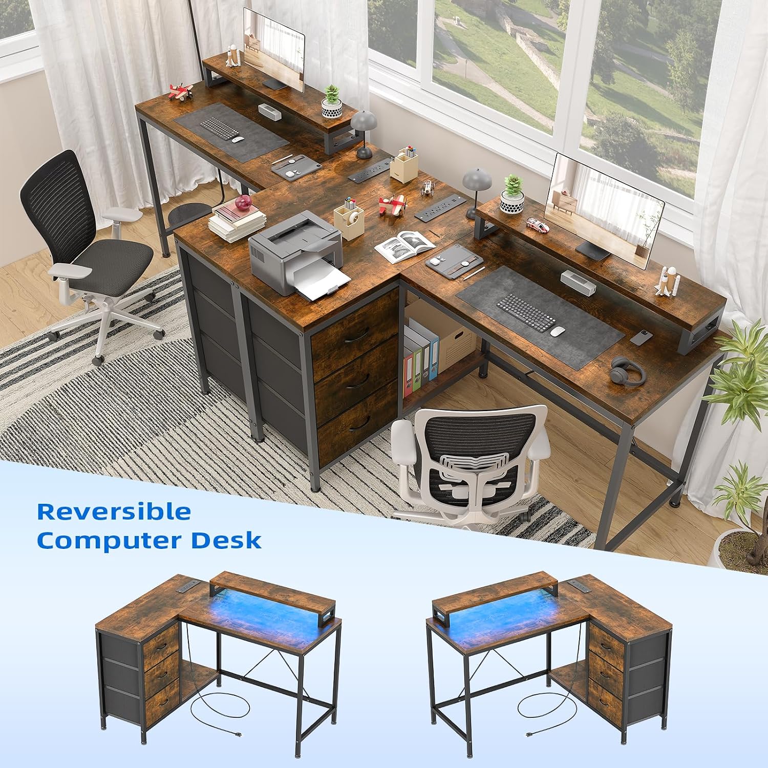 L Shaped Office Desk with Power Outlets, Computer Desk with Drawers, Shelves, for Gaming, Corner Work, Home Office, Study