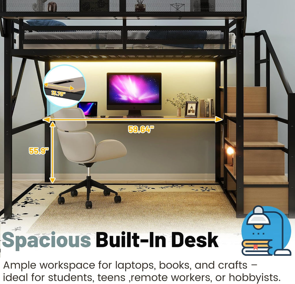 Queen Size Loft Bed with Stairs and Desk, Metal Lofts Bed Queen with Upper Storage Shelf, Gaming LoftBed with LED, Charging Station and Wardrobe for Teens, Adults,Black